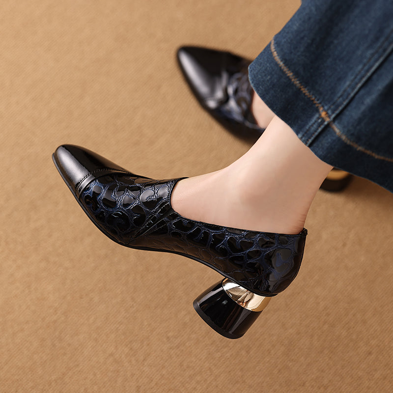 TinaCus Handmade Women's Patent Leather Embossed Pointed Toe Low Heel Loafers Shoes