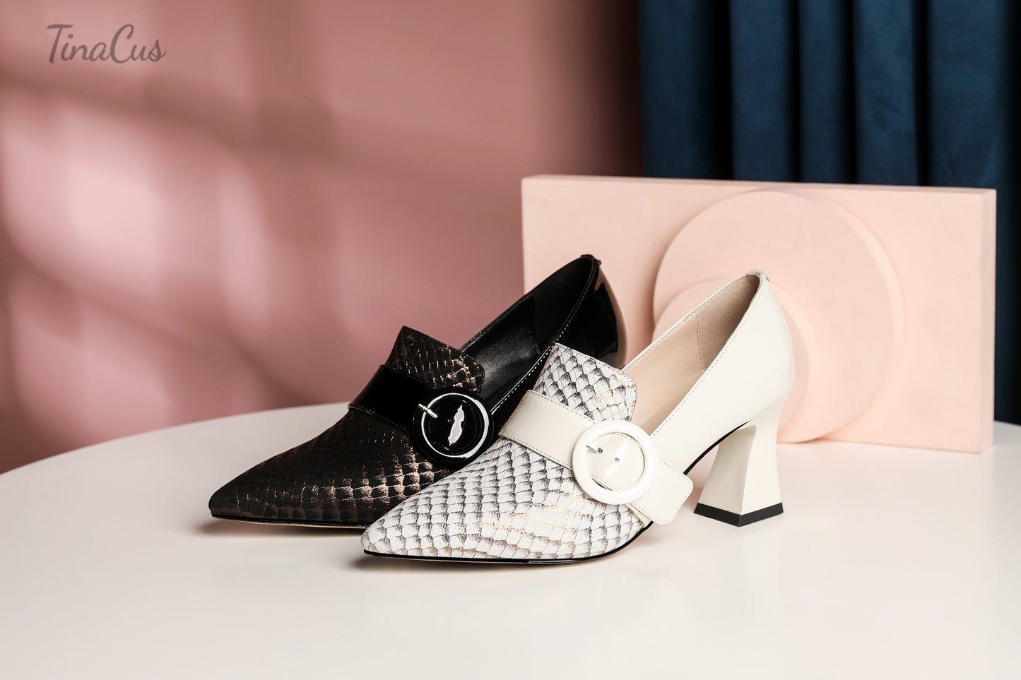 TinaCus Patent and Genuine Leather Women's Handmade Pointed Toe Modern Buckle Decor Mid Spool Heel Slip On Pump Shoes