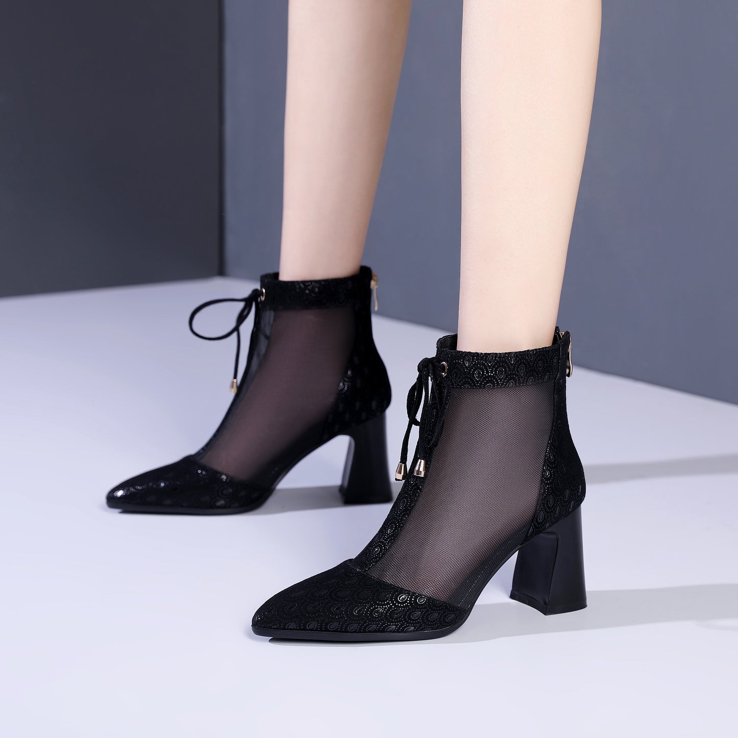 TinaCus Women's Pointed Toe Handmade Lace Up Ankle Boots Printed Genuine Leather & Mesh, Back Zipper, Mid Chunky Heels