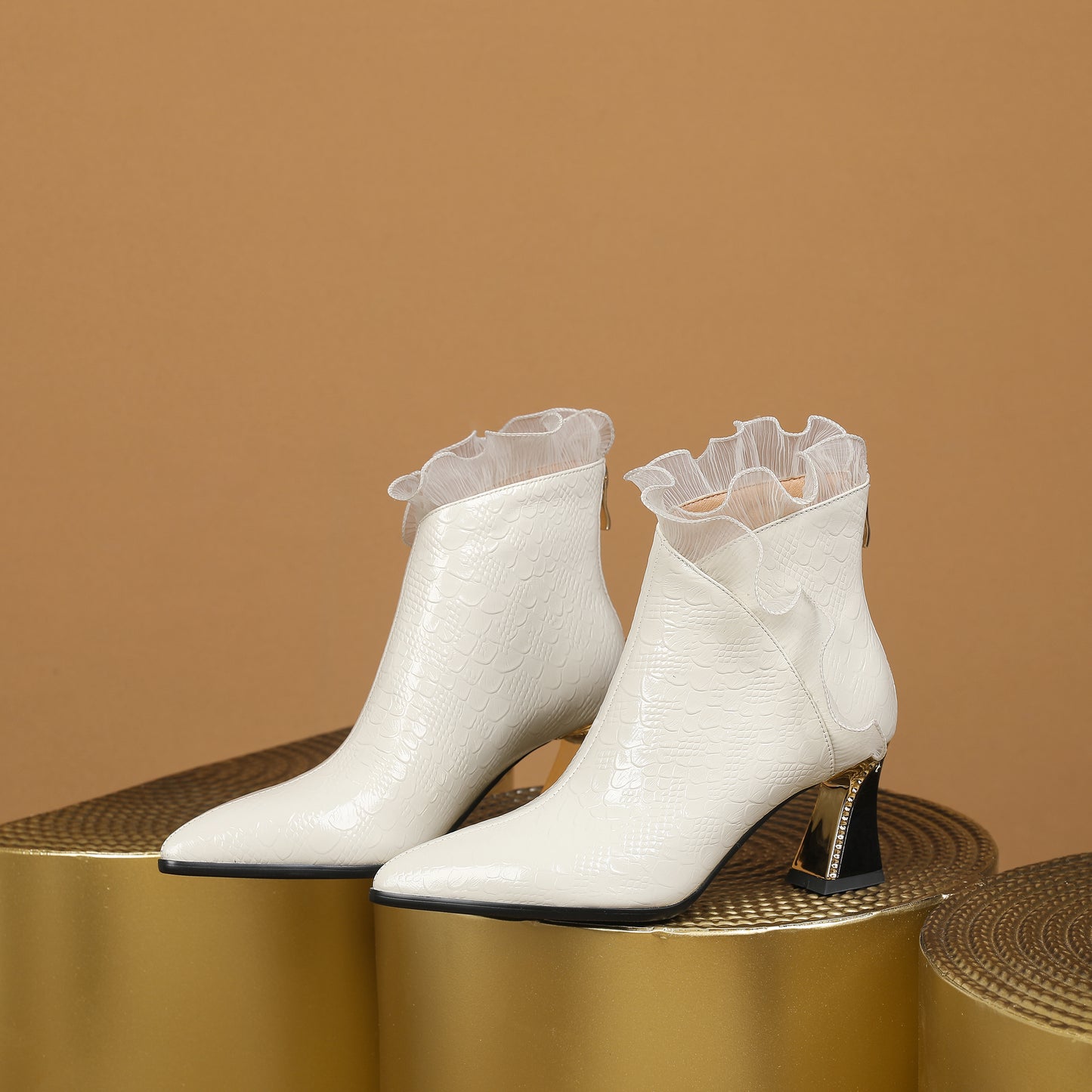 TinaCus Genuine Leather Women's Ruffle Pointed Toe Zip Up Handmade Spool Heel Ankle Boots