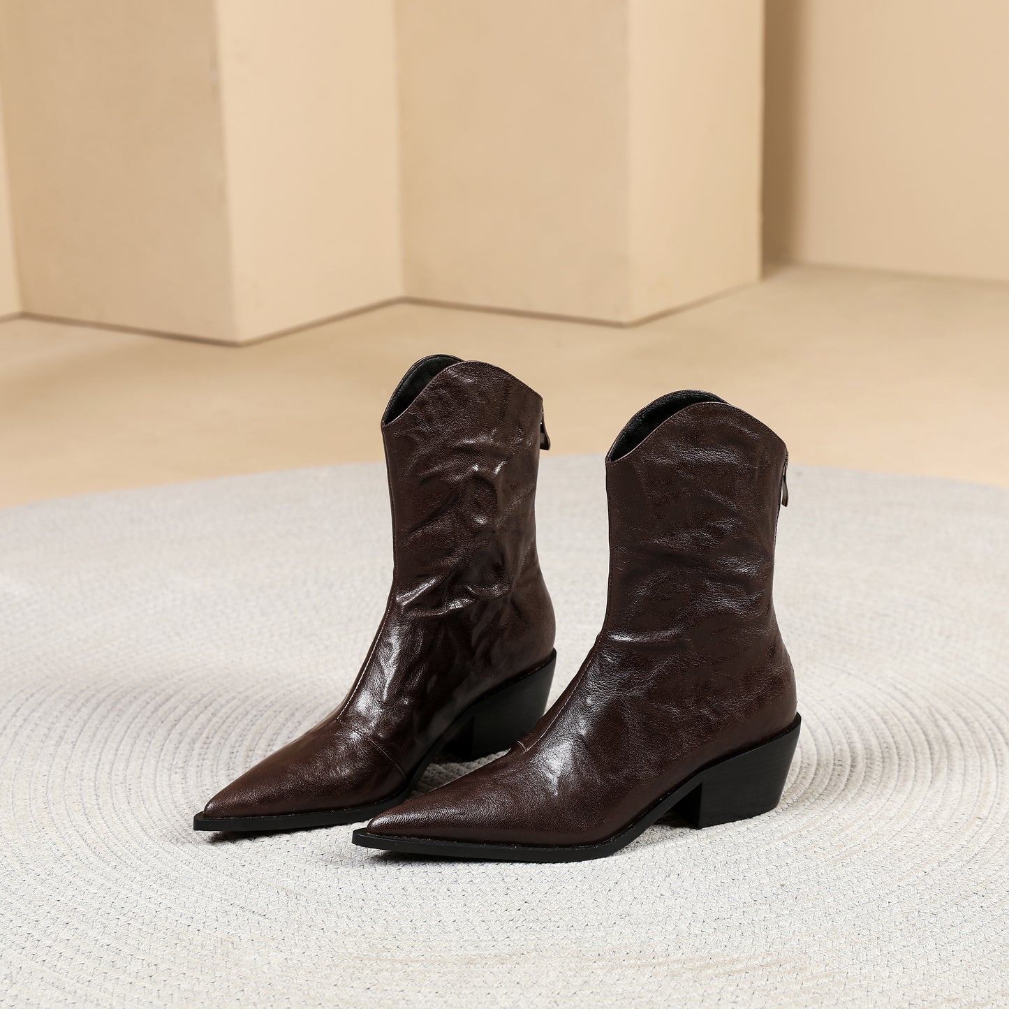 TinaCus Women's Pointed Toe Genuine Leather Handmade Chunky Heel Back Zip Up Western Boots