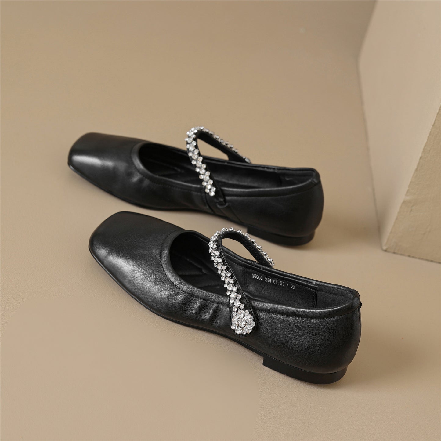 TinaCus Damen-Schuhe aus echtem Leder, handgefertigt, quadratische Zehenpartie, Strass-Band, flache Schuhe