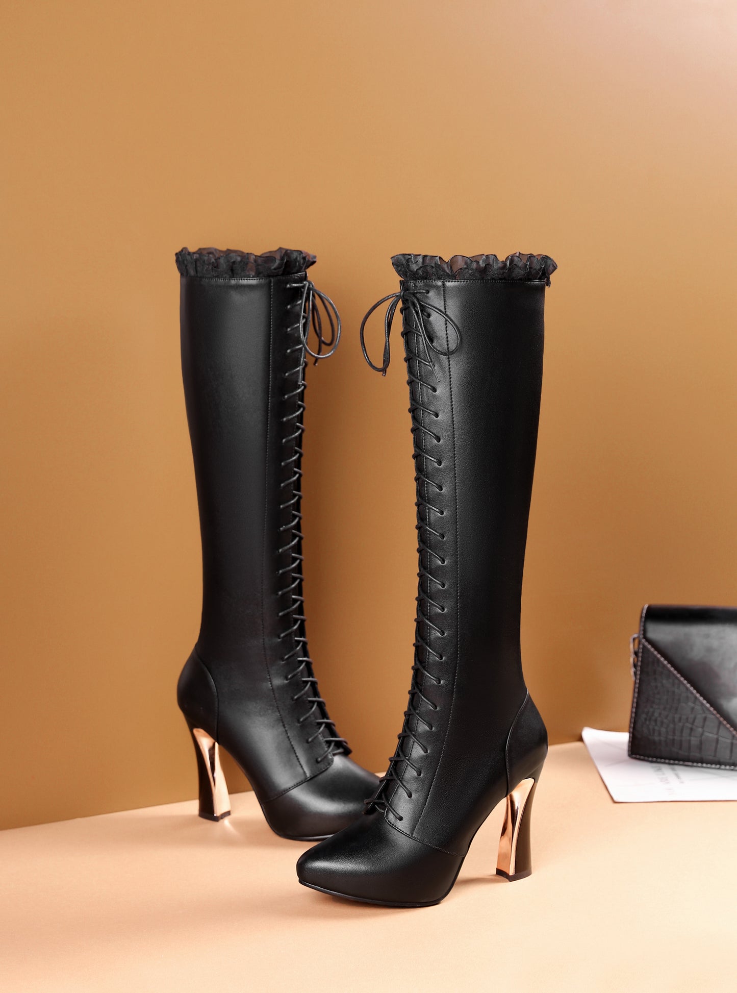 TinaCus Handmade Women's Genuine Leather High Heel Zip Up Knee High Boots with Lace