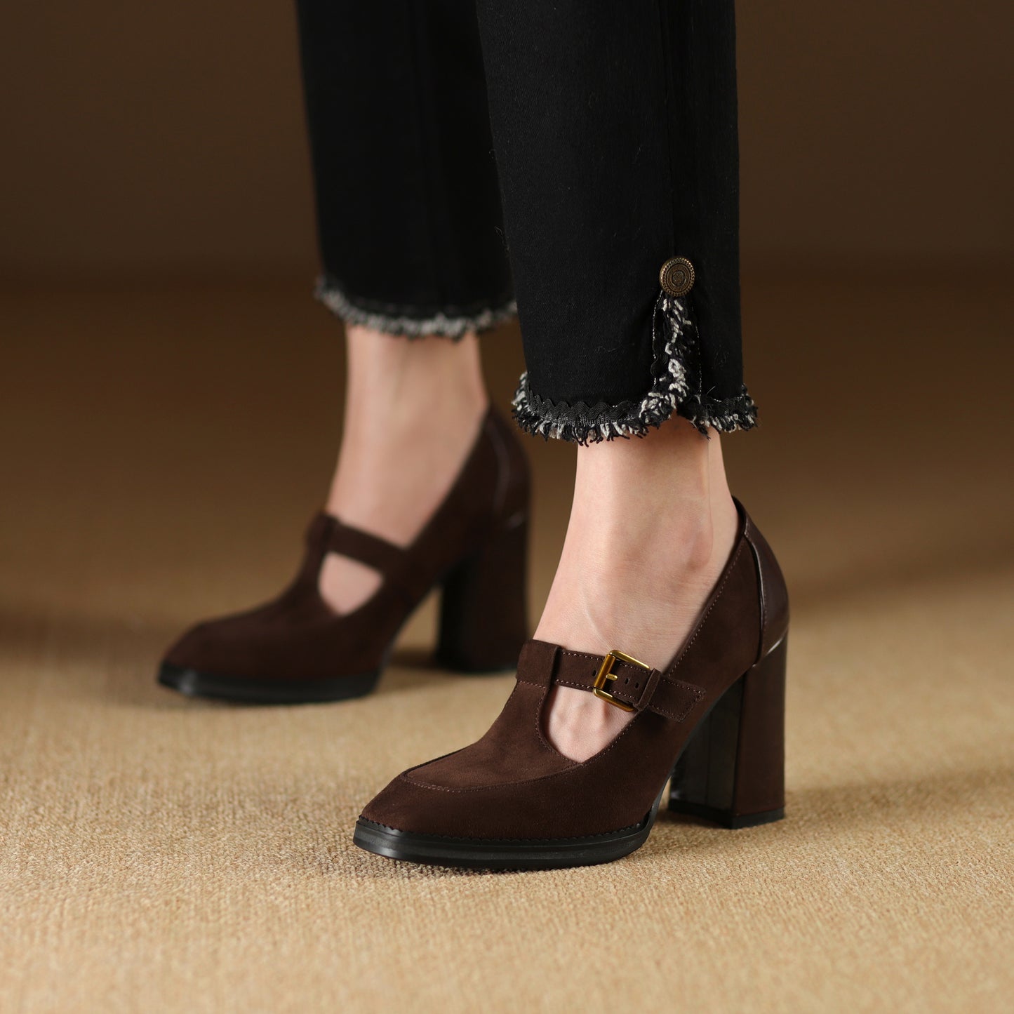 TinaCus Handmade Women's Suede Leather T-Strap Bukle Square Toe High Block Heel Pump Shoes