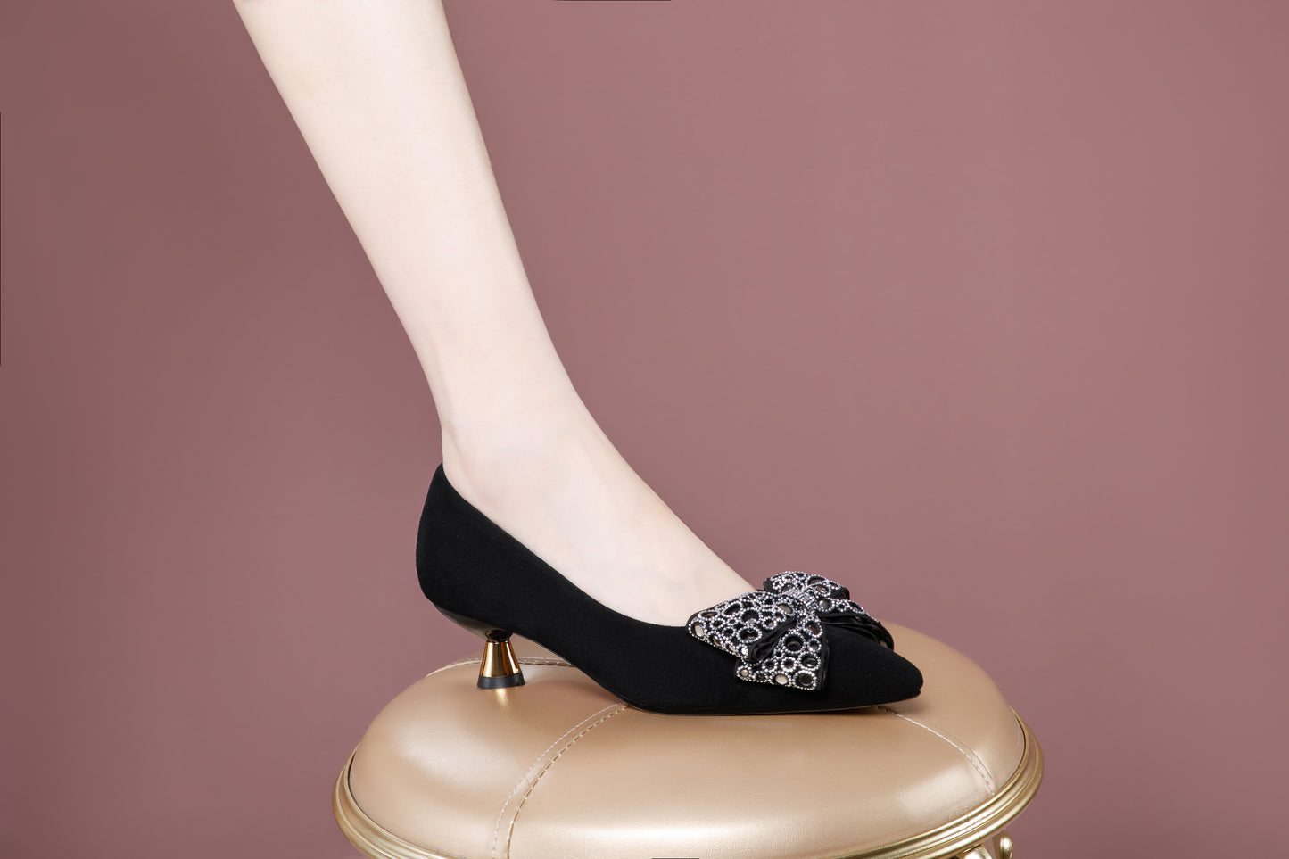 TinaCus Women's Dress Pumps Heeled Shoes Handmade Suede Leather Pointed Toe Kitten Heel with Bow Party Wedding