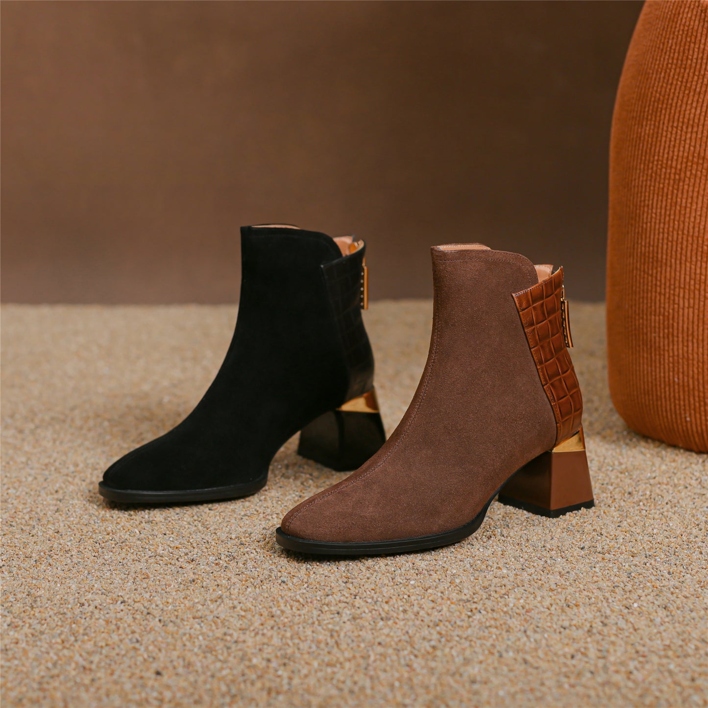 TinaCus Women's Suede Genuine Leather Handmade Chunky Heel Zip Up Ankle Boots