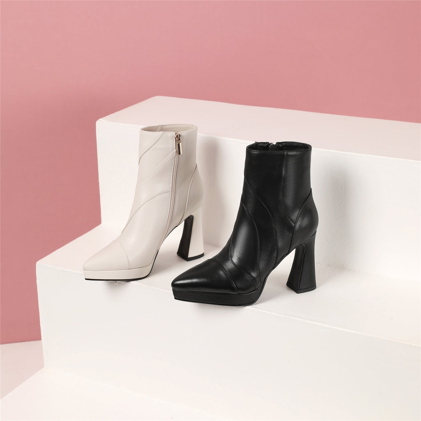 TinaCus Damen-Stiefeletten aus echtem Leder mit Plateau und hohem Absatz, handgefertigt, seitlicher Reißverschluss, spitze Zehenpartie