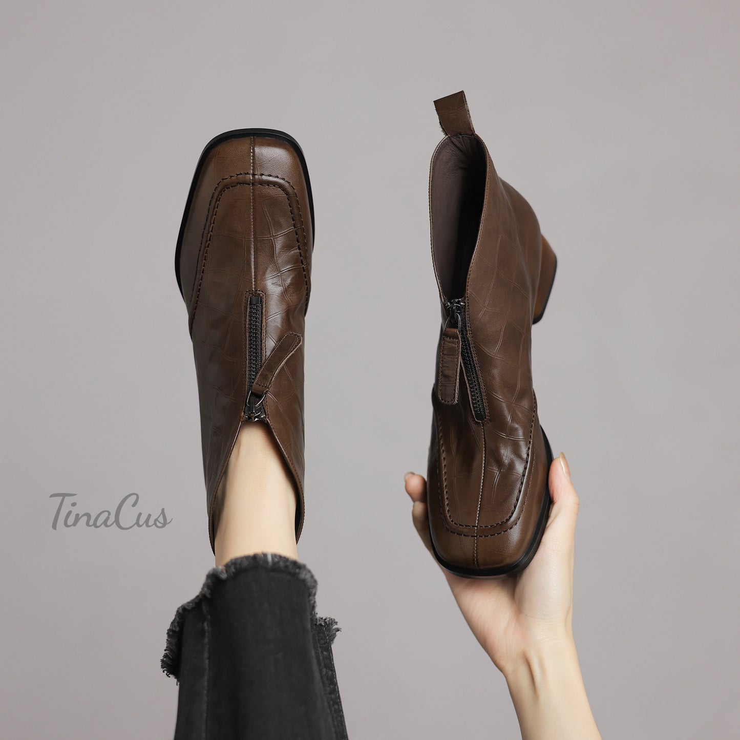 TinaCus Women's Square Toe Handmade Front Zipper Low Chunky Heels Genuine Leather Casual Ankle Boots