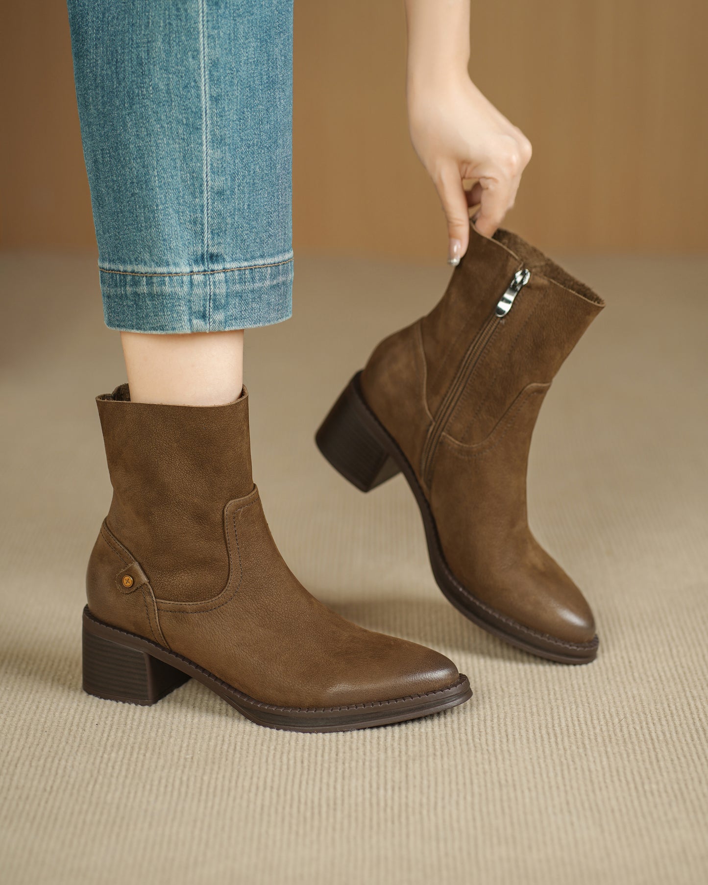 TinaCus Women's Suede/Genuine Leather Handmade Round Toe Stacked Heel Side Zip Casual Chelsea Booties