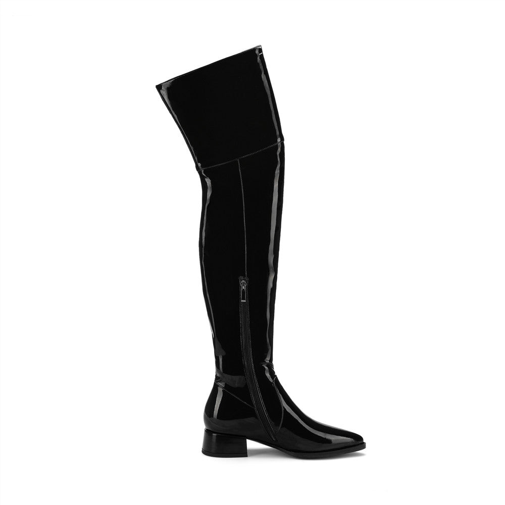 TinaCus Women's Glossy Patent Leather Handmade Pointed Toe Half Side Zip Low Chunky Heel Stylish Plus-size Customized Circumference Over Knee Boots