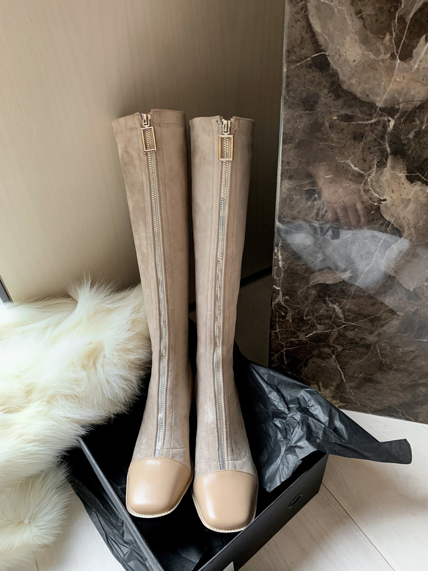 TinaCus Women's Stretch Fabric Handmade Cap Toe Fashion Front Zipper Comfort Low Chunky Heel Knee High Boots