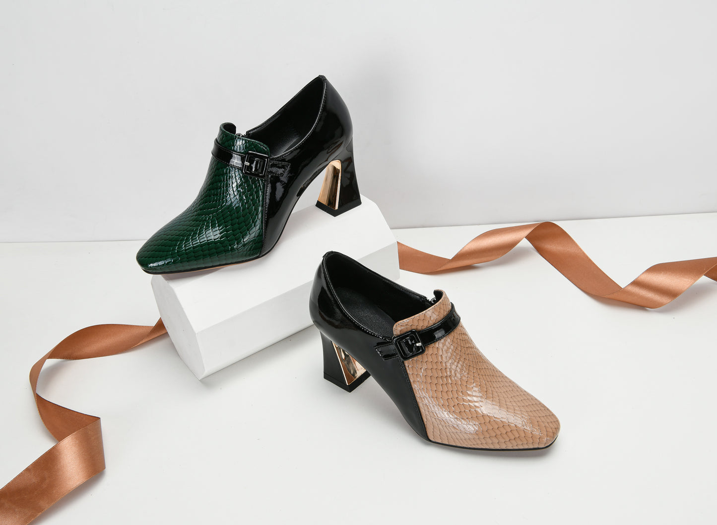 TinaCus Women's Genuine Leather Round Toe Handmade Buckle Side Zipper Multi-Colored Mid Chunky Heel Stylish Pumps Shoes