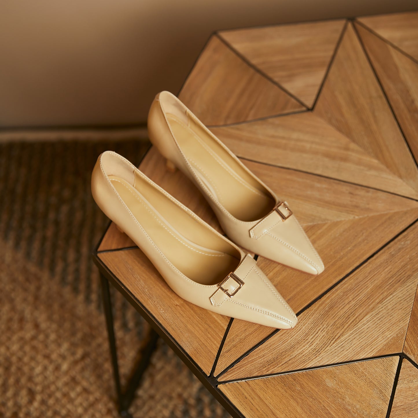 TinaCus Handmade Genuine Leather Women's Closed Pointed Toe Mid Kitten Heel Vintage Pump Shoes with Buckle Decor