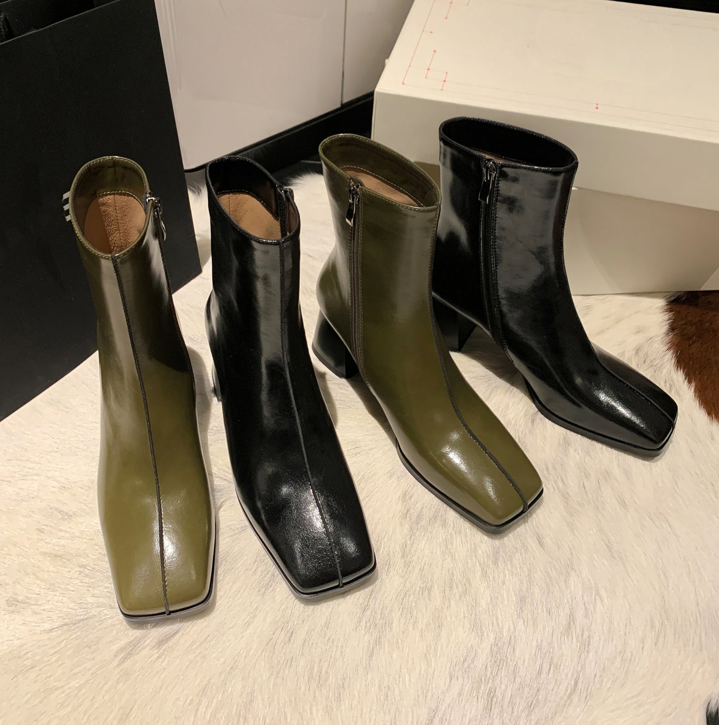 TinaCus Women's Genuine Leather Square Toe Handmade Zipper Mid Chunky Heels Trendy Mid Calf Boots