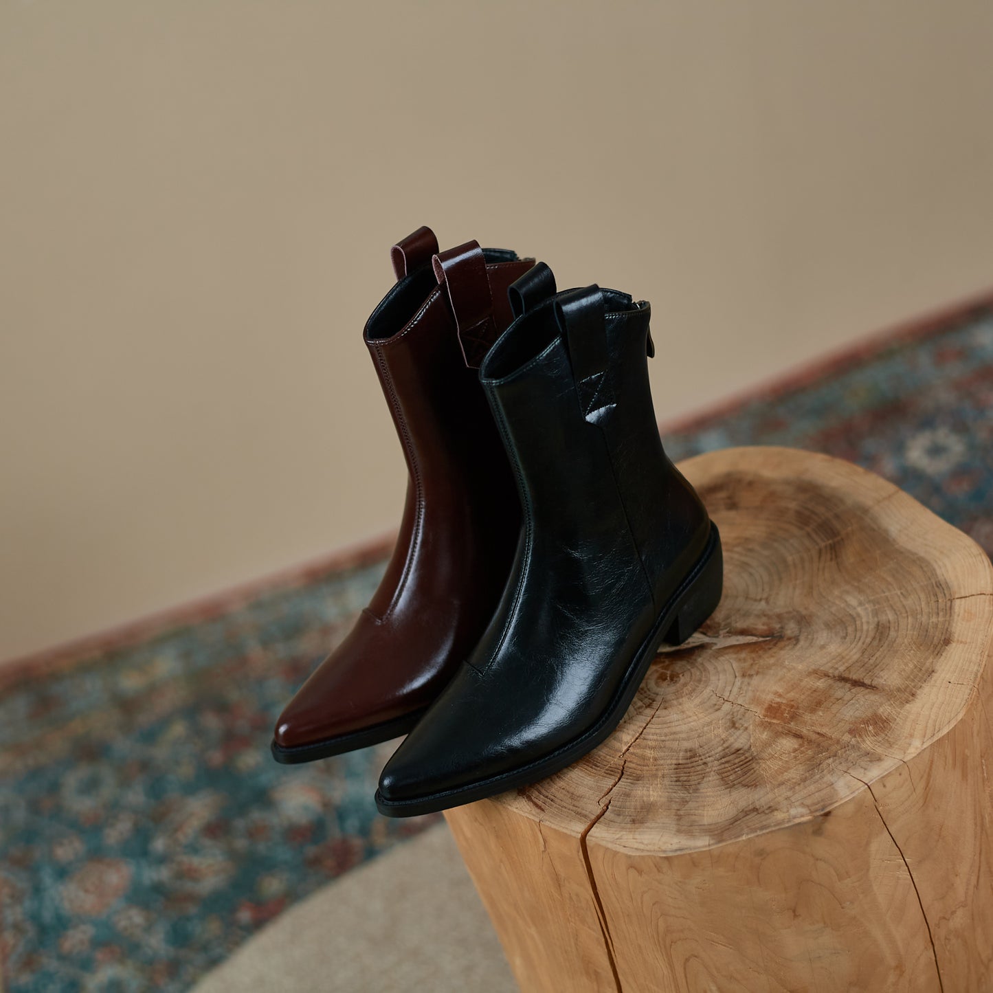 TinaCus Genuine Leather Women's Pointed Toe Back Zip Up Handmade Chunky Heels Stylish Western Boots