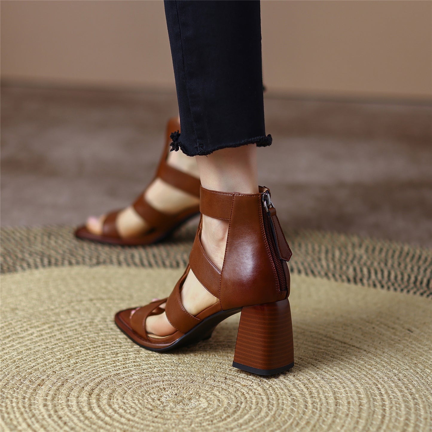 TinaCus Women's Open Toe Handmade Genuine Leather Mid Chunky Heels Back Zip Vintage Sandals Summer Ankle Boots