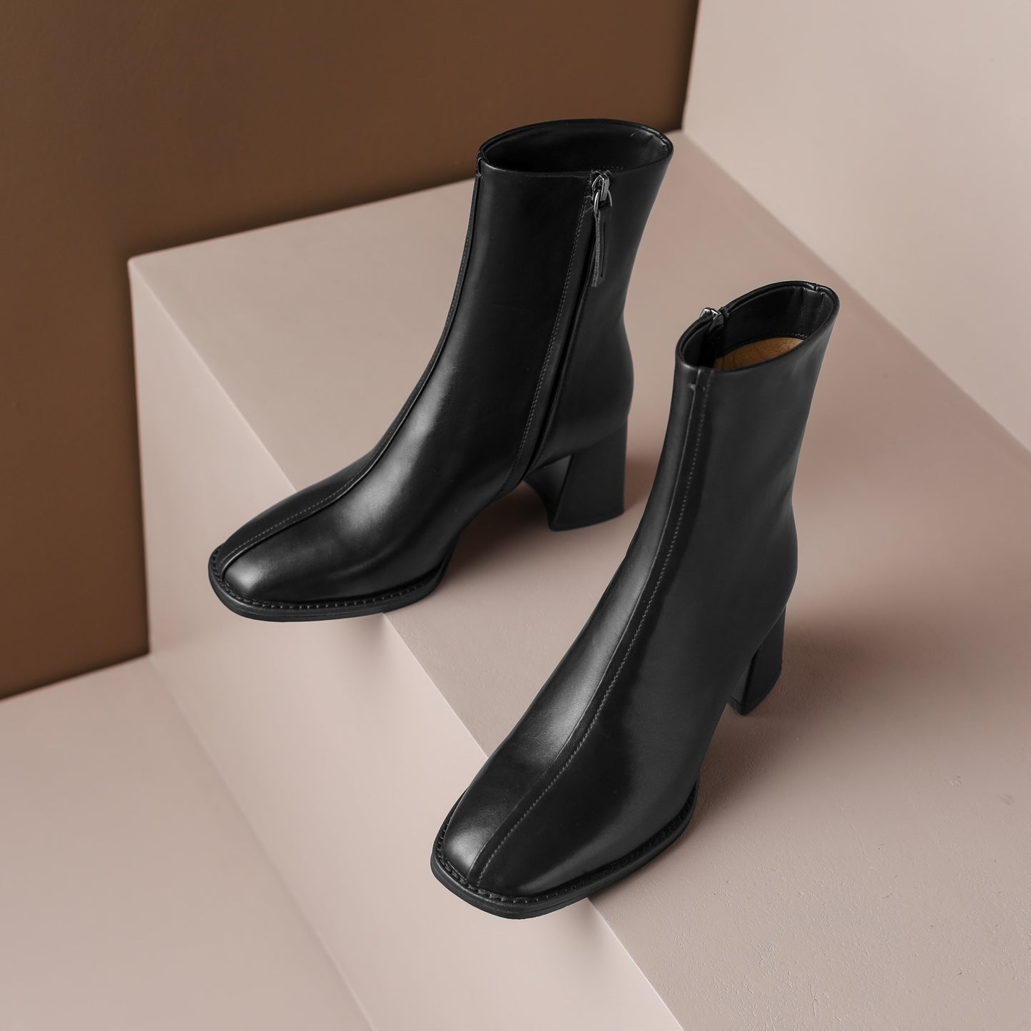 TinaCus Handmade Women's Genuine Leather Sexy Square Toe Mid Block Heel Side Zipper Casual