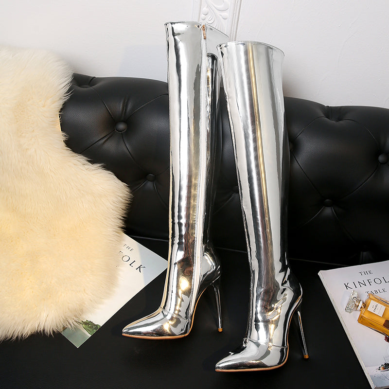 TinaCus Patent Leather Pointed Toe Stiletto Heel Plus-size Customized Circumference Over The Knee High Boots