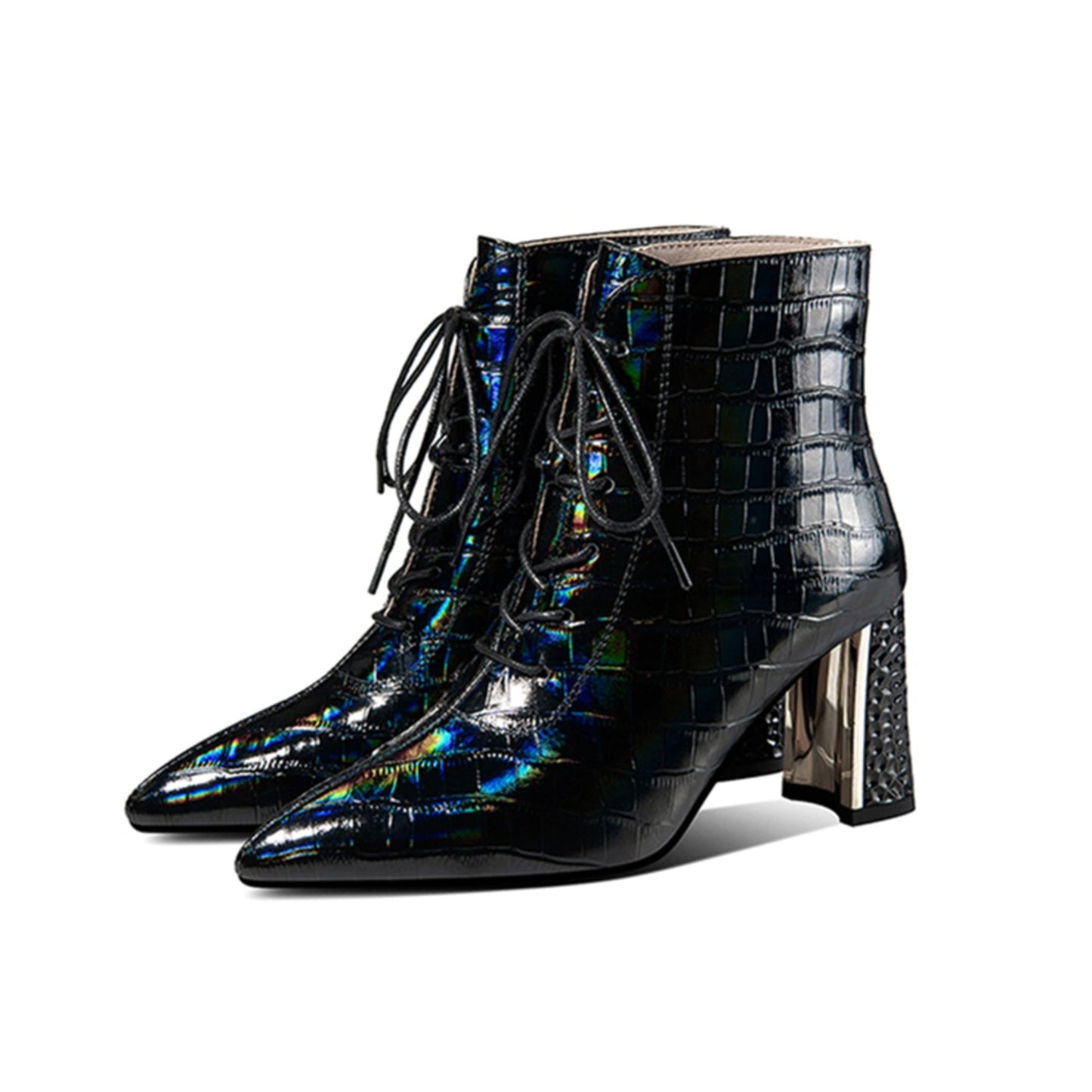 TinaCus Genuine Leather Women's Handmade Pointed Toe Chunky Heel Checkered Lace Up Ankle Booties