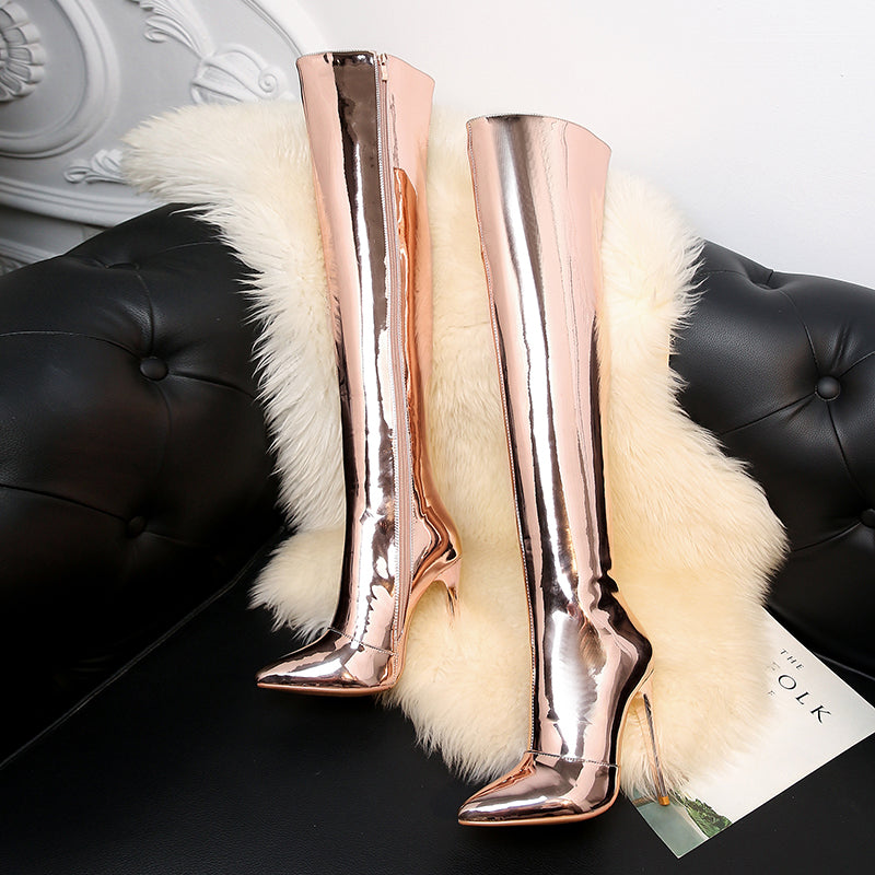 TinaCus Patent Leather Pointed Toe Stiletto Heel Plus-size Customized Circumference Over The Knee High Boots