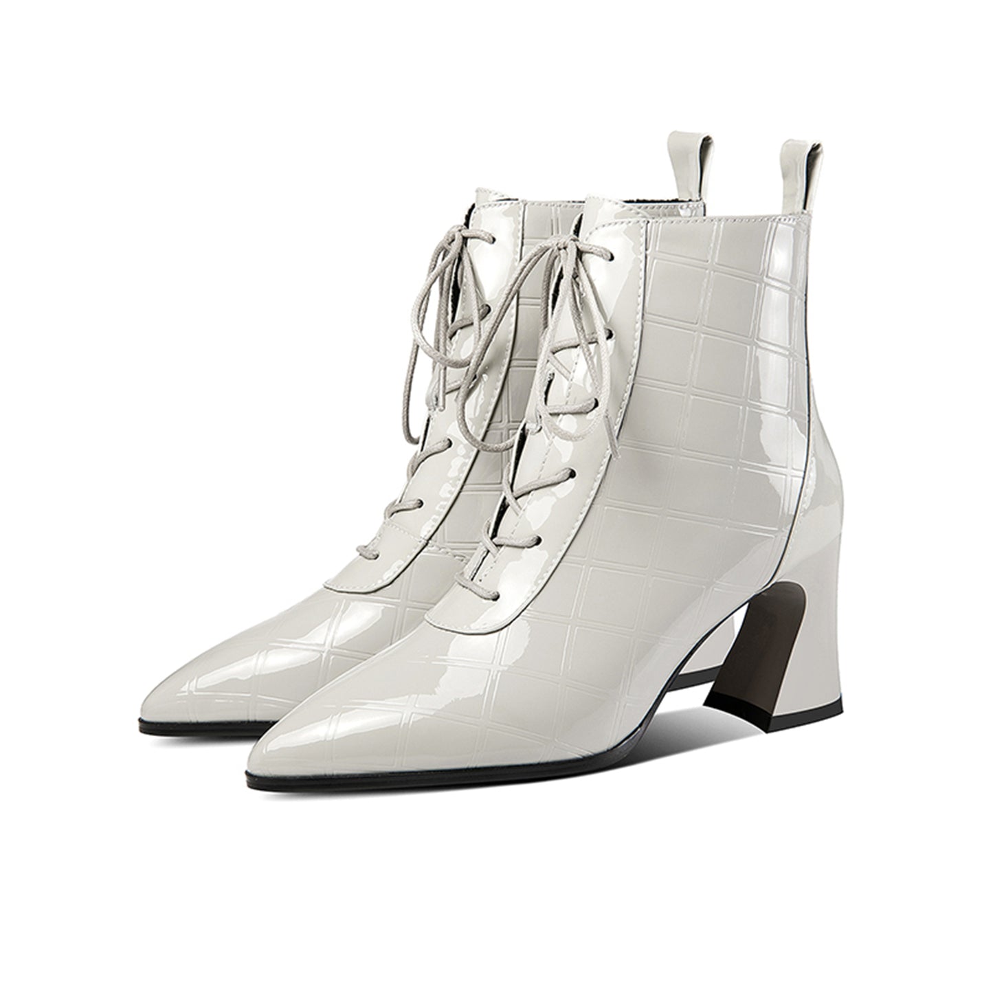 TinaCus Women's Patent Leather Handmade Pointed Toe Stylish Spool Heel Lace Up Checkered Ankle Booties