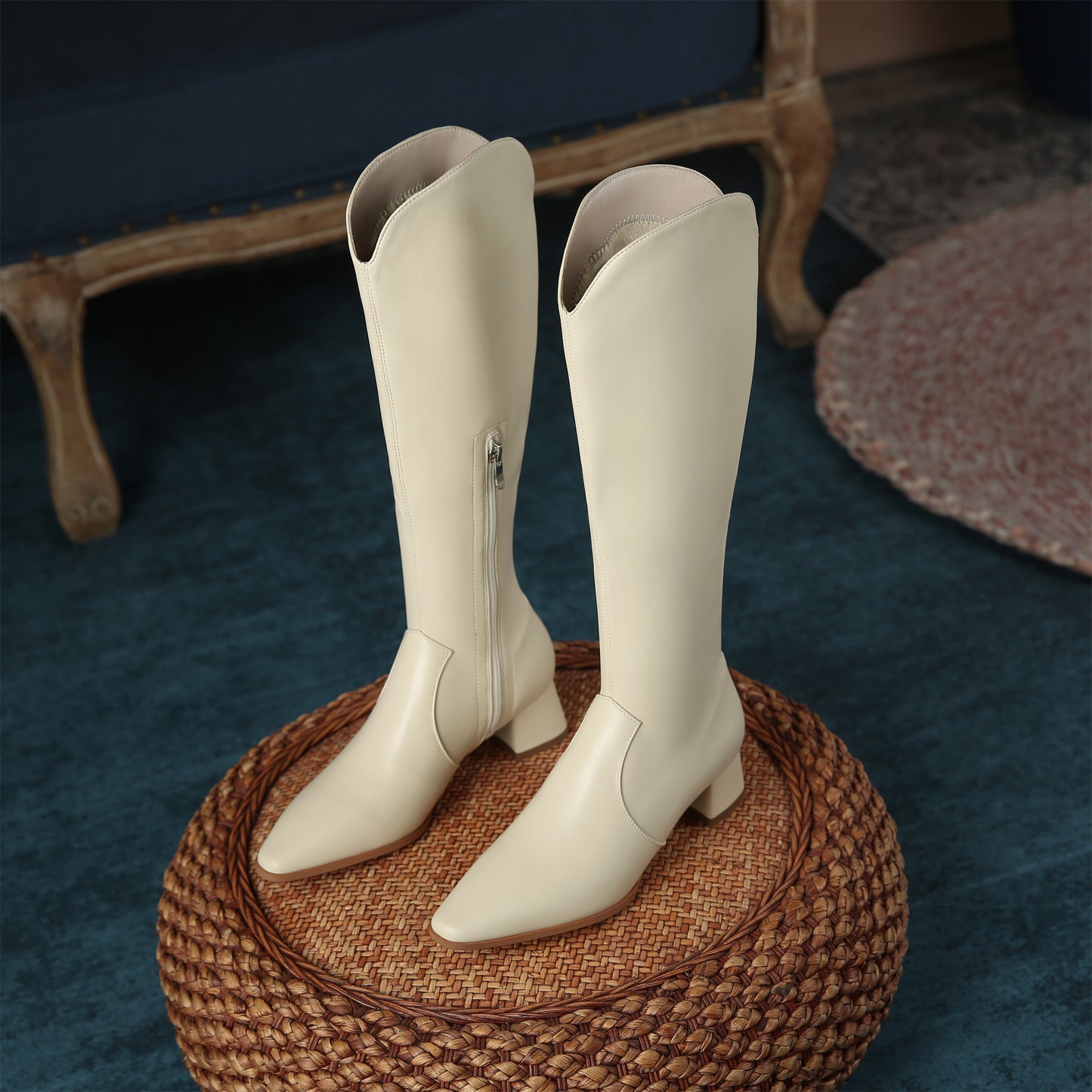 TinaCus Women's Handmade Leather Comfortable Chunky Heel Side Half Zipper Round Toe Knee-High Boots