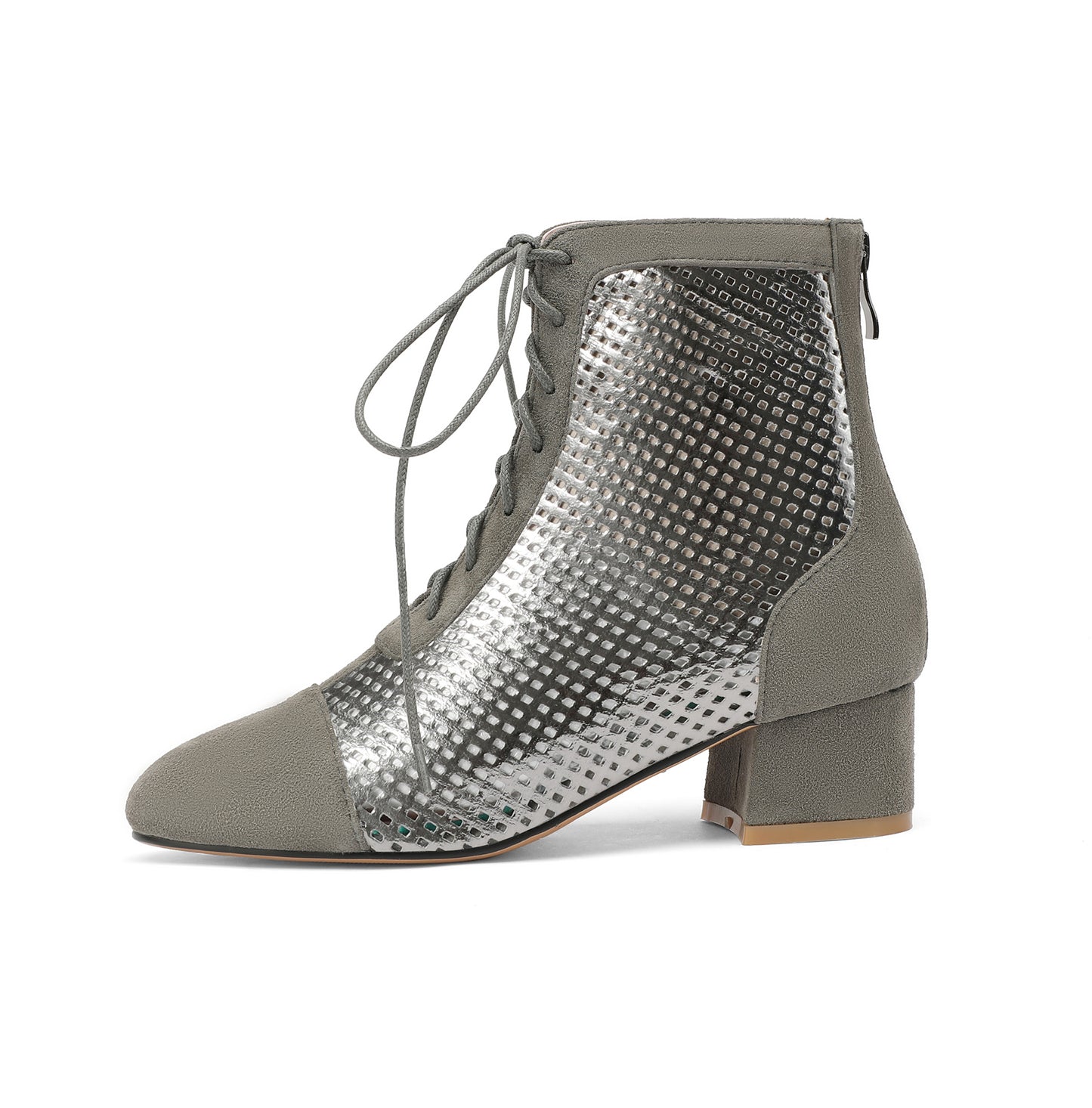 TinaCus Women's Leather Summer Autumn Lace Handmade Hollow Boots Summer Boots Low Chunky Heels Lace/Zip Up Mesh Chic Booties