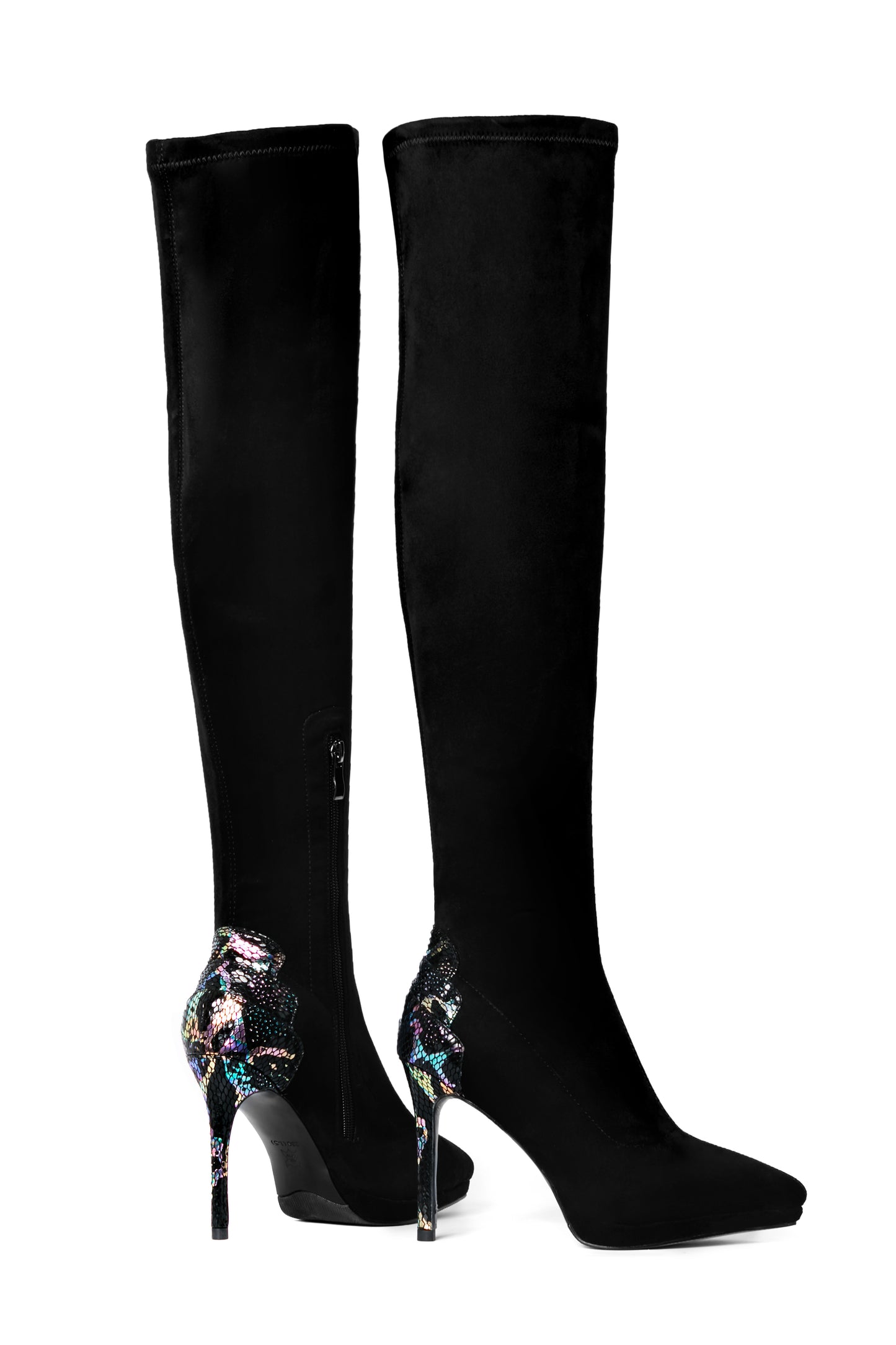TinaCus Women's Handmade Suede Leather Pointed Toe Sexy Stiletto High Heel Stretch Half Zip Black Over the Knee High Boots with Colorful Sequin