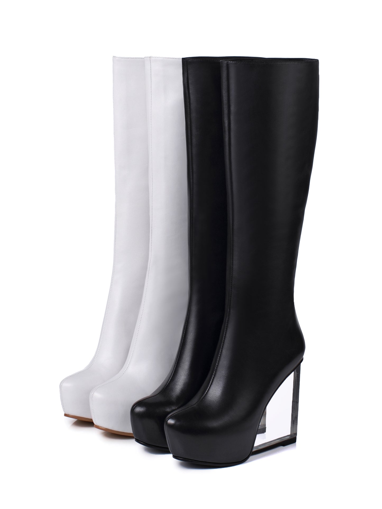 TinaCus Women's Handmade Genuine Leather Round Toe Transparent High Heel Half Zip Up Knee High Boots with Platform