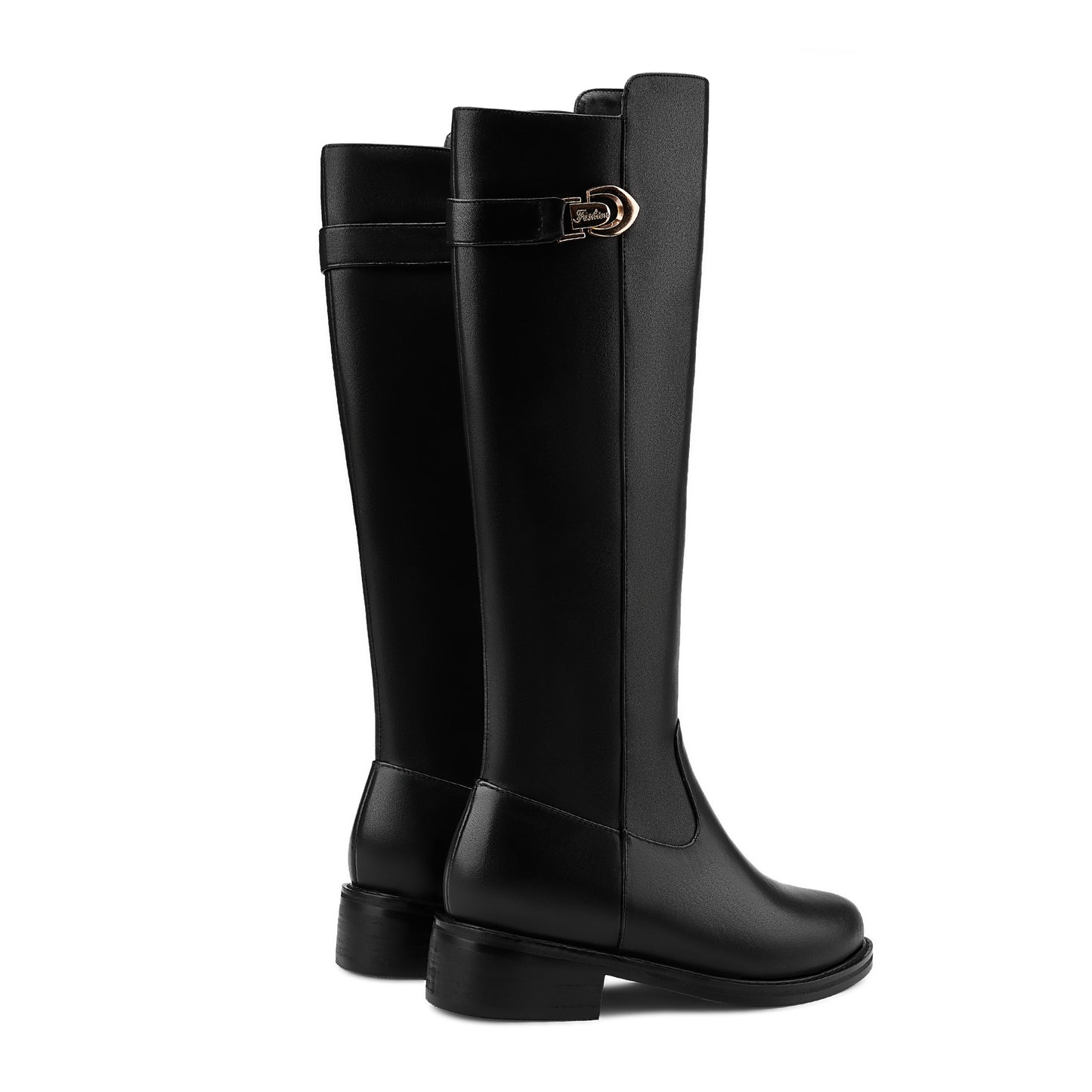 TinaCus Women's Genuine Leather Round Toe Side Zipper Handmade Low Chunky Heel Comfort Knee High Boots with Metal Décor