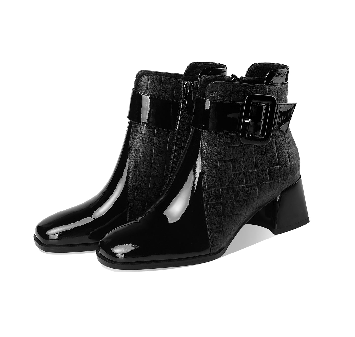 TinaCus Genuine Leather Women's Handmade Chic Buckle Decor Chunky Heel Side Zip Up Checkered Ankle Boots