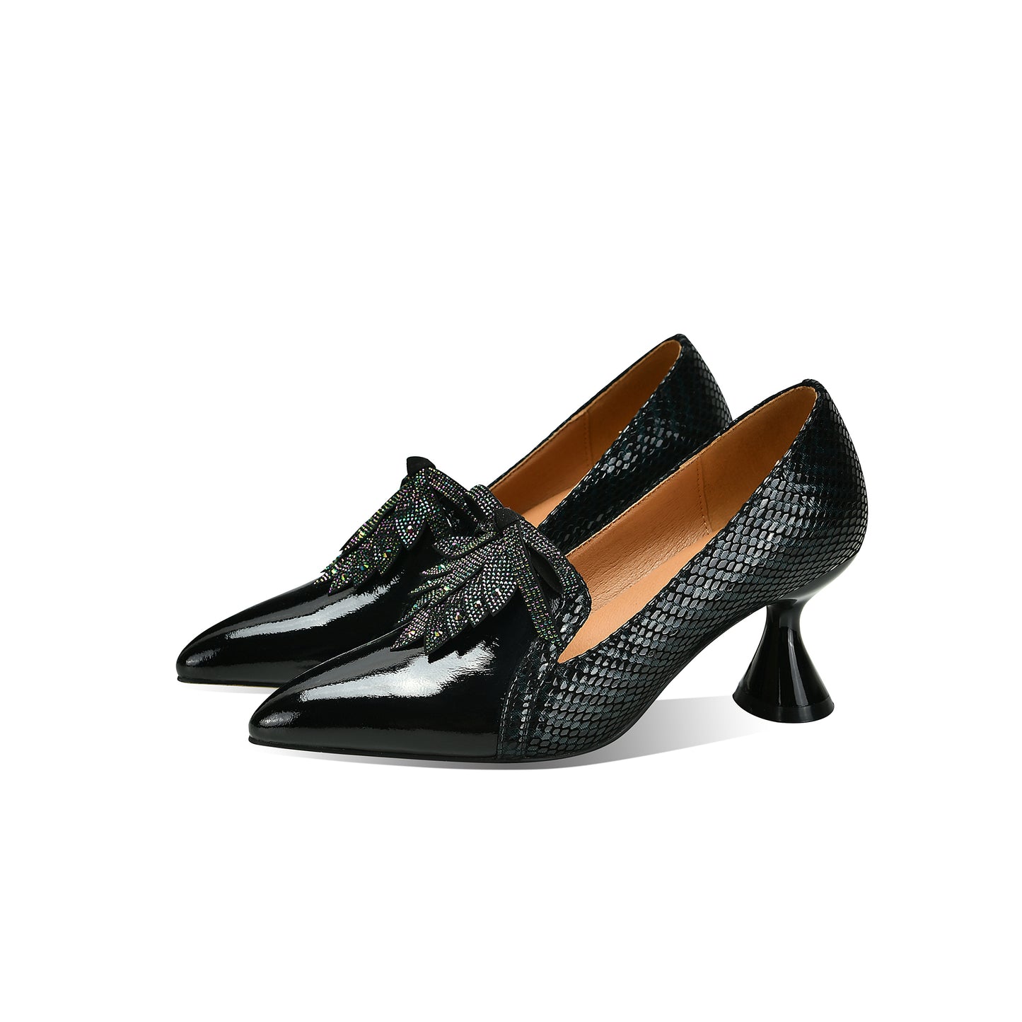 TinaCus Handmade Women's Glossy Genuine Leather Snakeskin Slip On Pointed Toe Mid Spool Heel Pumps Shoes