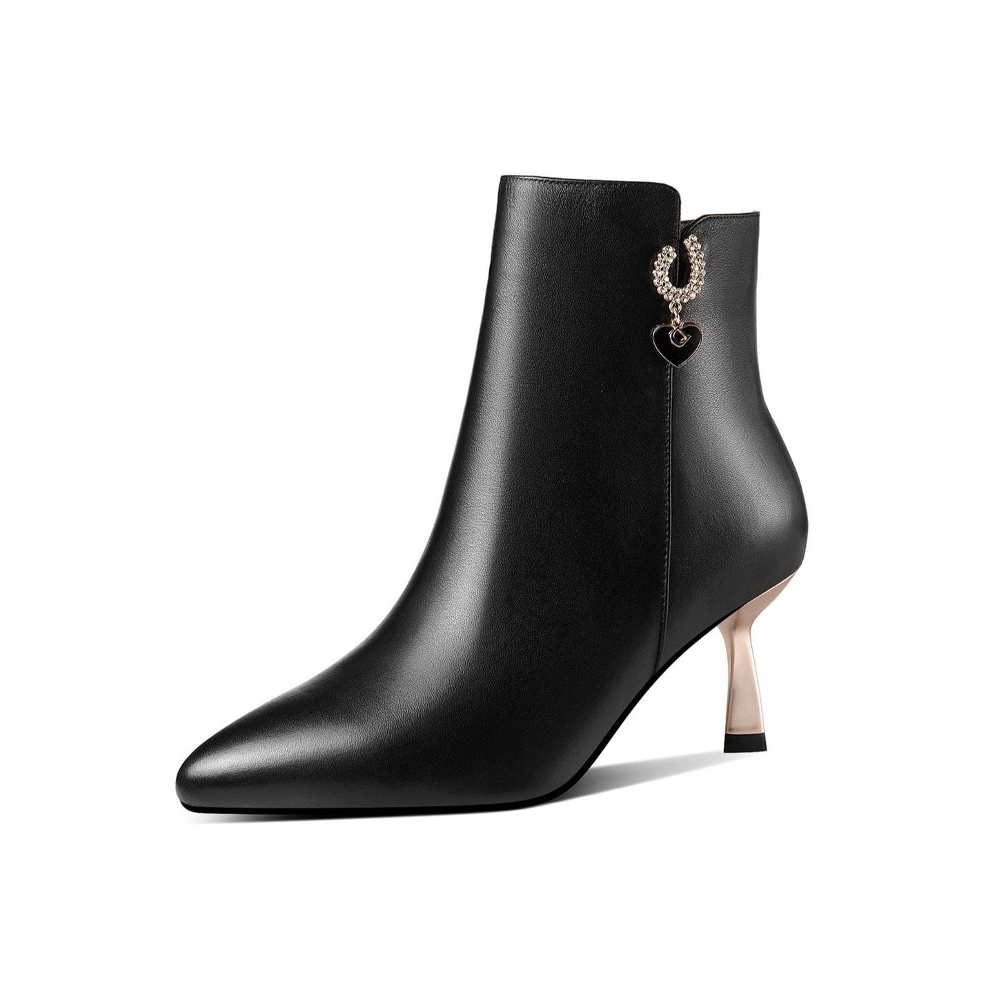TinaCus Genuine Leather Handmade Women's Metal Heel Side Zip Up Pointed Toe Heart Pendant Ankle Boots