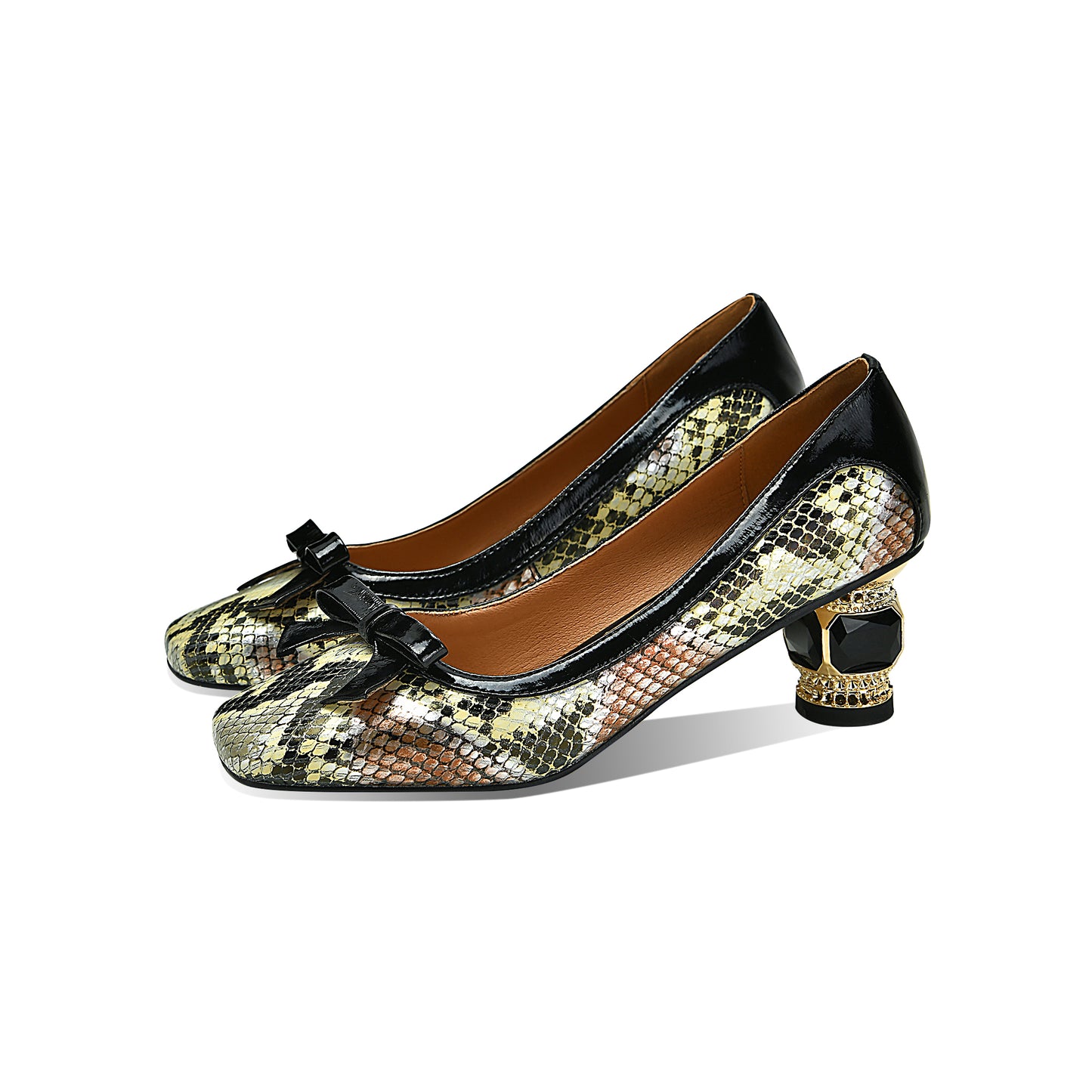 TinaCus Handmade Women's Genuine Leather Snakeskin Assorted Color Slip On Square Toe Mid Cone Heel Pumps Shoes