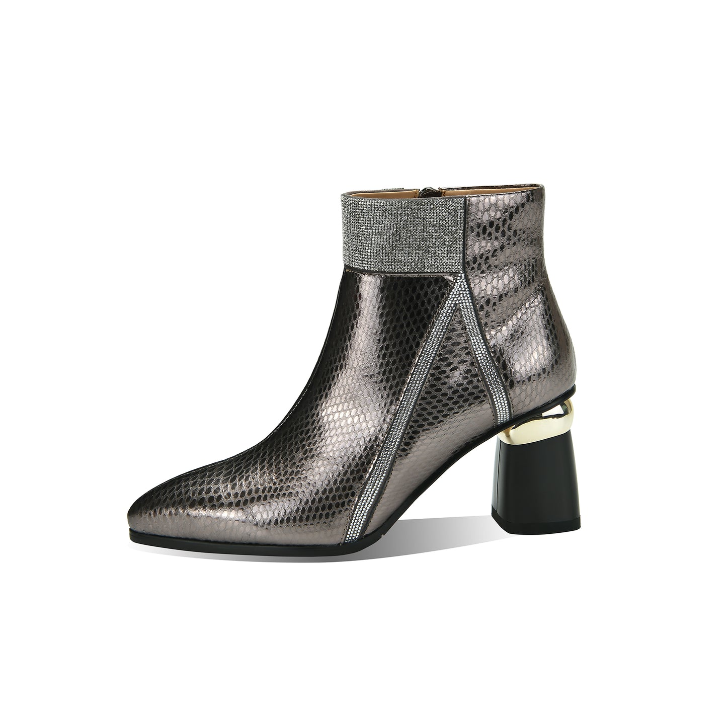 TinaCus Handmade Women's Genuine Leather Printed Glossy Side Zipper Pointed Toe Mid Chunky Heel Ankle Boots