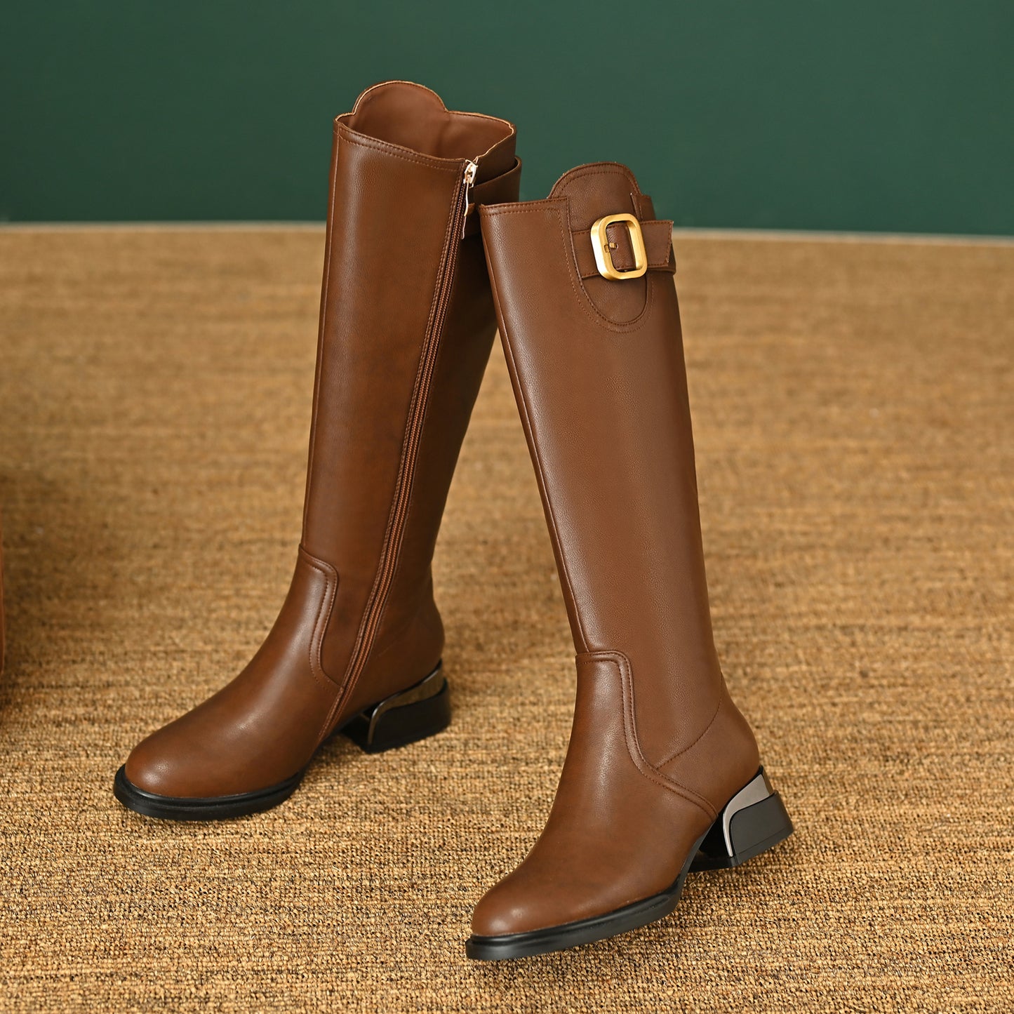 TinaCus Women's Round Toe Genuine Leather Handmade Side Zipper Low Chunky Heels Casual Knee High Boots with Buckle