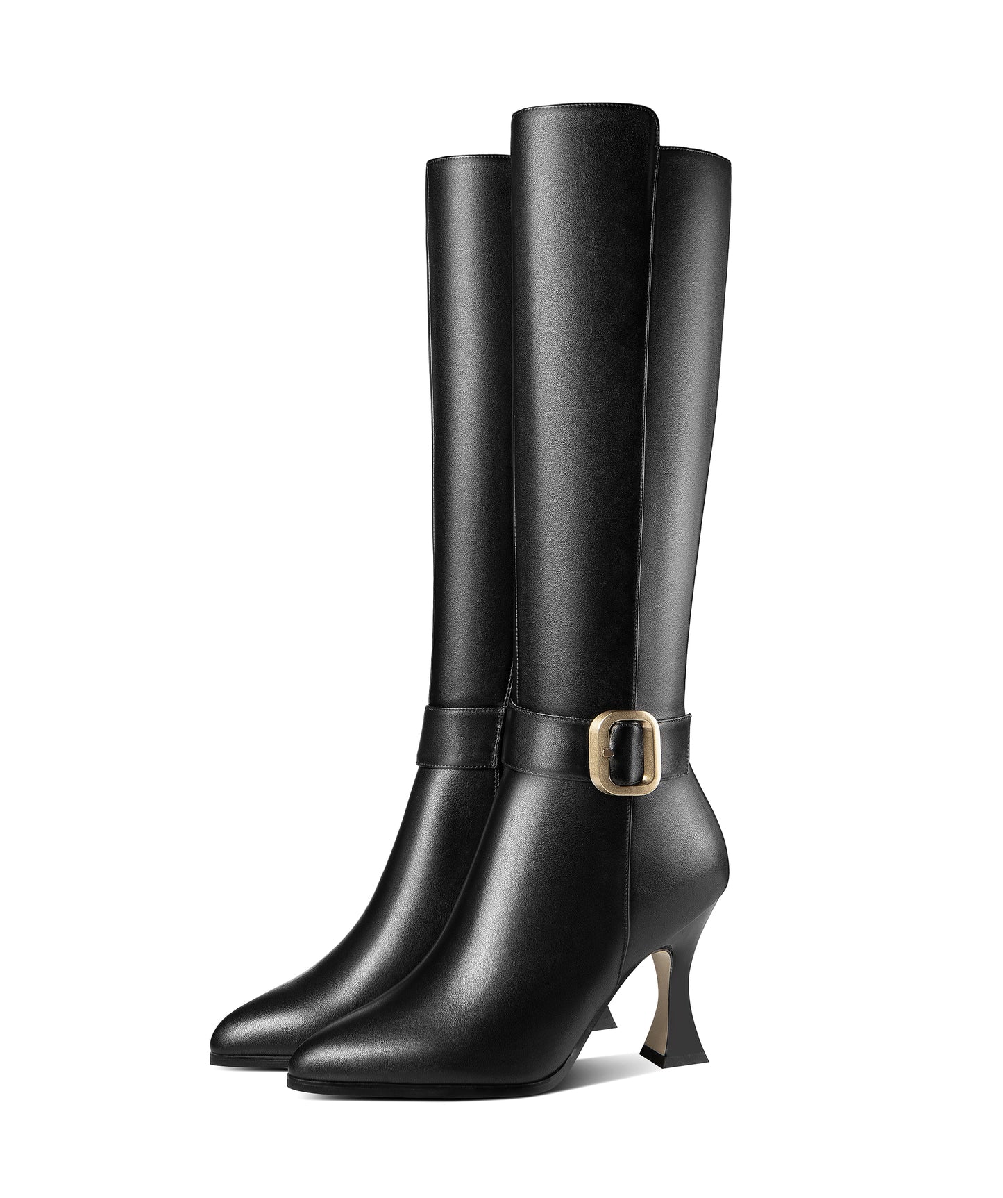 TinaCus Handmade Women's Genuine Leather High Heel Side Zip Up Belt Decor Pointed Toe Black Knee-High Boots