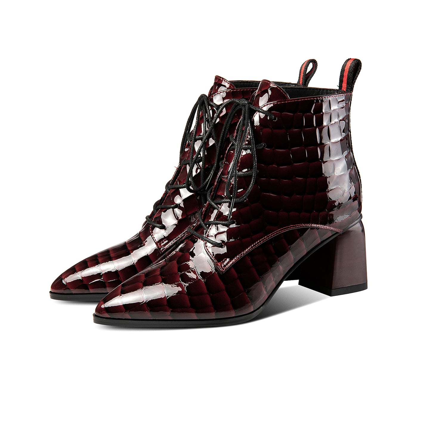 TinaCus Patent Leather Women's Handmade Pointed Toe Block Heel Lace Up Stylish Ankle Booties