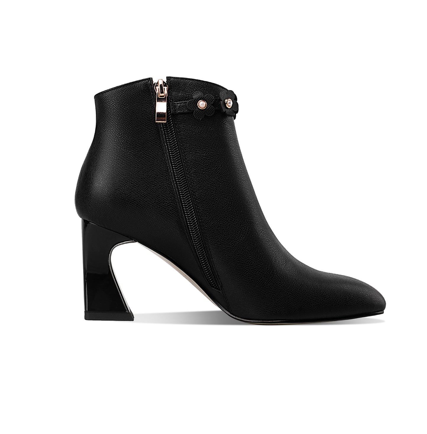 TinaCus Damen-Stiefeletten aus echtem Leder, handgefertigt, mit mittelhohem Absatz, seitlichem Reißverschluss und floralem Schnallendekor