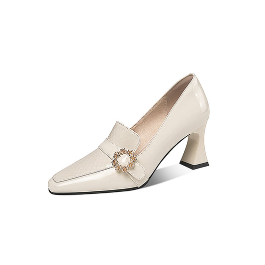 TinaCus Women's Patent Leather Handmade Square Toe Mid Spool Heel Slip On Pump Shoes