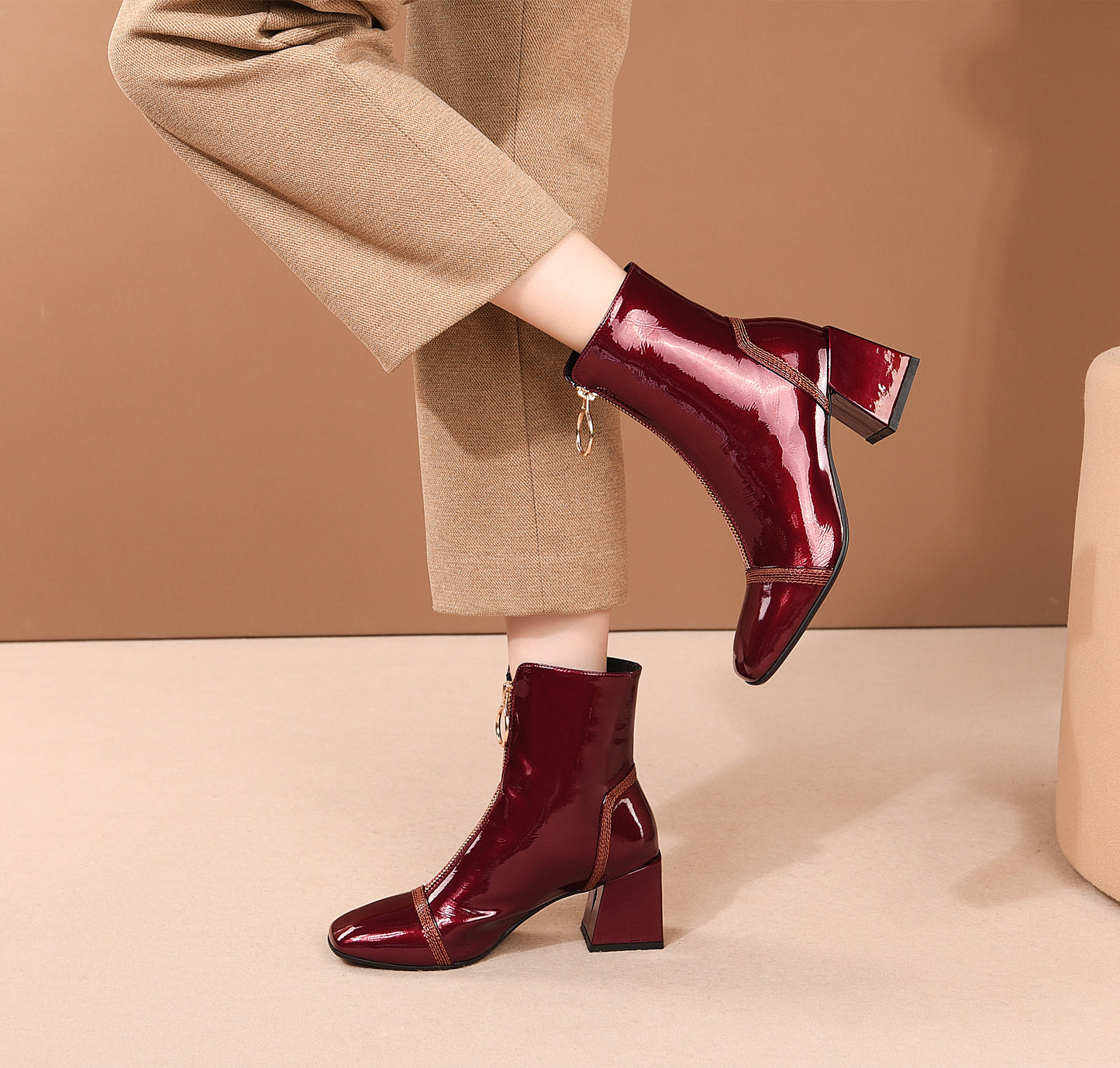 TinaCus Women's Patent Leather Square Toe Handmade Front Zipper Mid Chunky Heels Trendy Ankle Boots