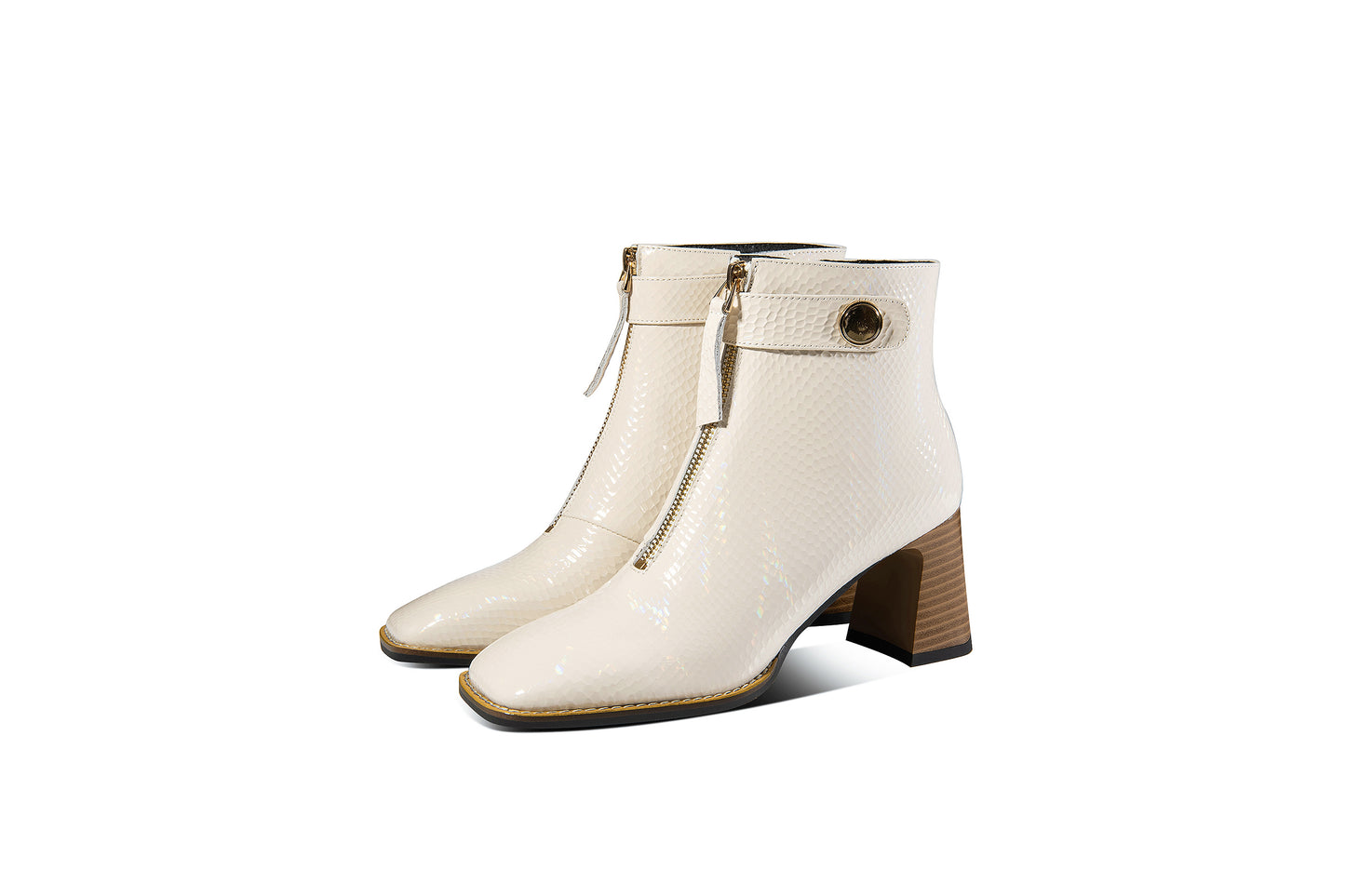 TinaCus Genuine Leather Women's Handmade Chunky Heel Side Zip Up Square Toe Ankle Boots with Front Zipper Decor