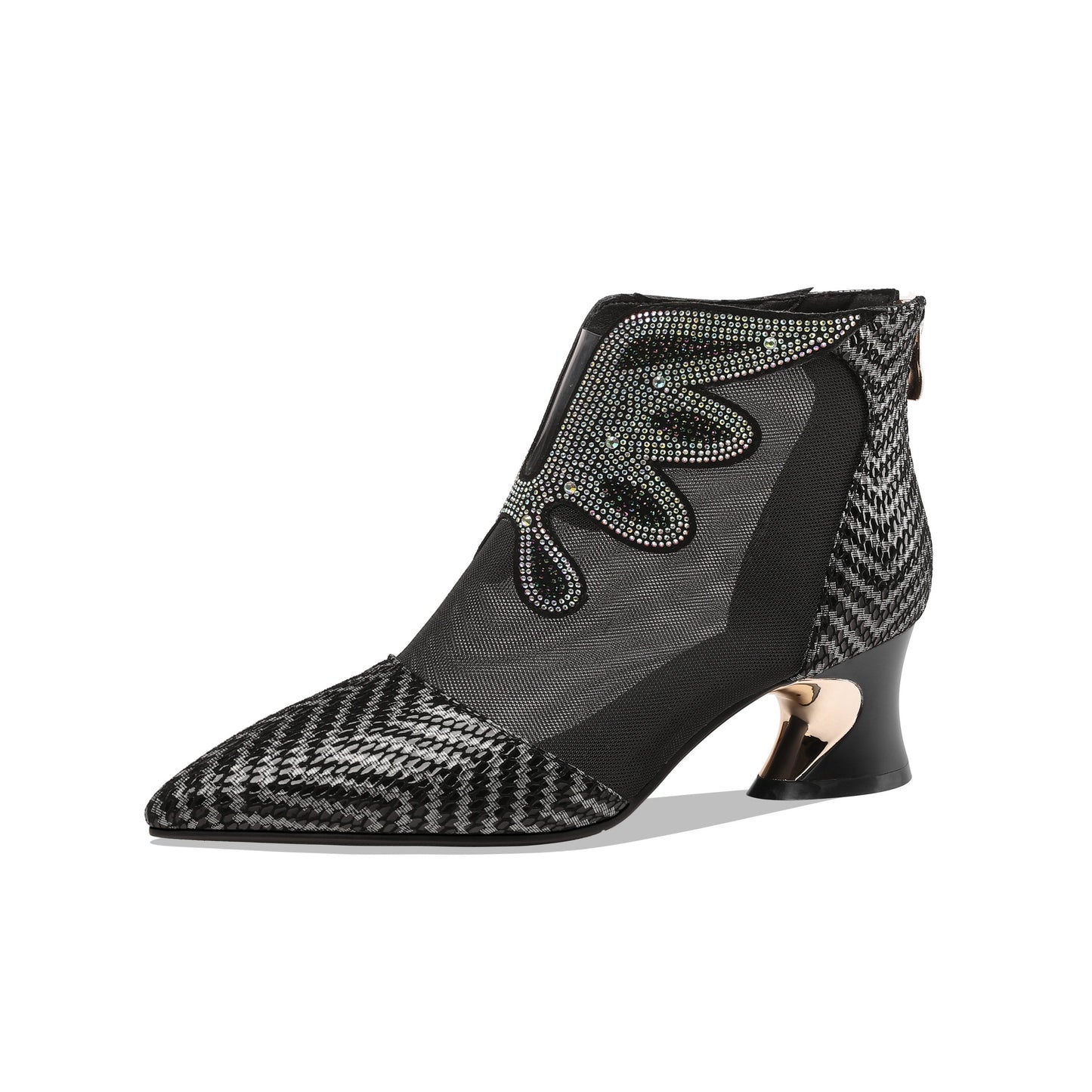 TinaCus Women's Handmade Genuine Leather and Mesh Back Zip Up Glitter Decor Chuncky Heel Summer Boots