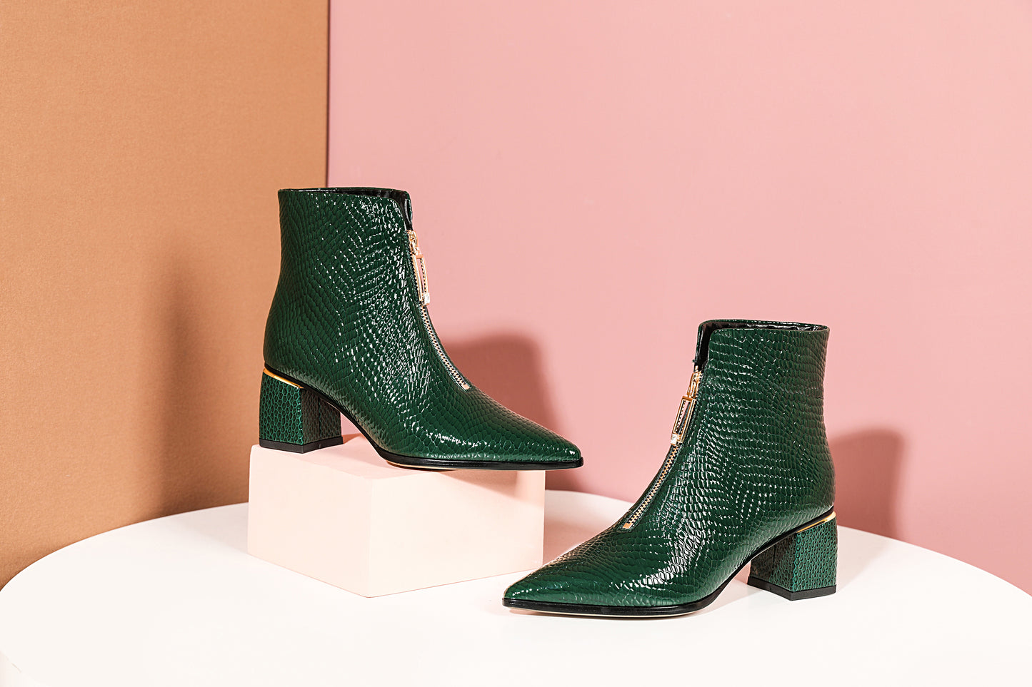 TinaCus Women's Handmade Genuine Leather Pointed Toe Stylish Front Zip Up Mid Chunky Heel Ankle Booties