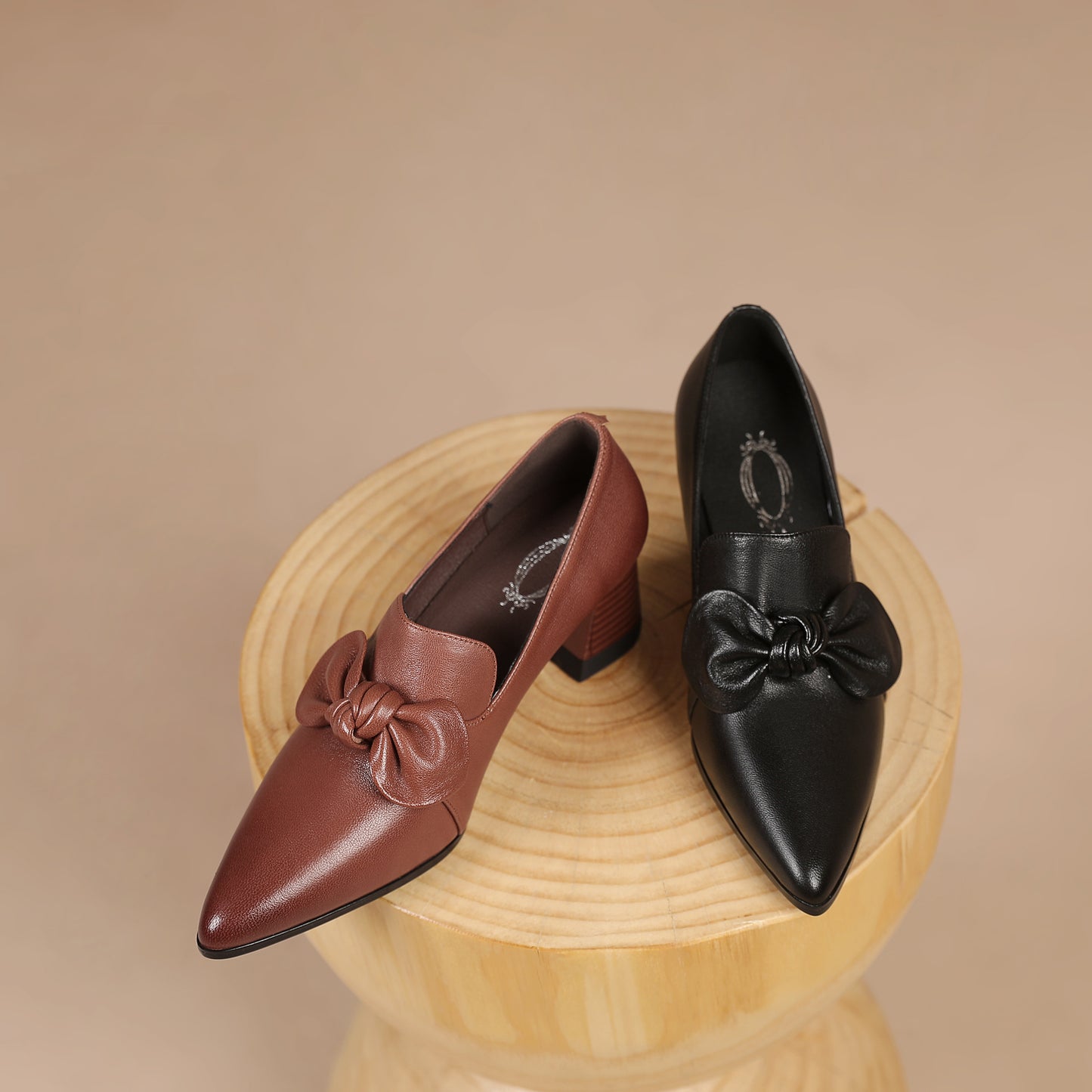 TinaCus Handmade Women's Genuine Leather Bowknot Slip On Pointed Toe Mid Chunky Heel Pumps Shoes