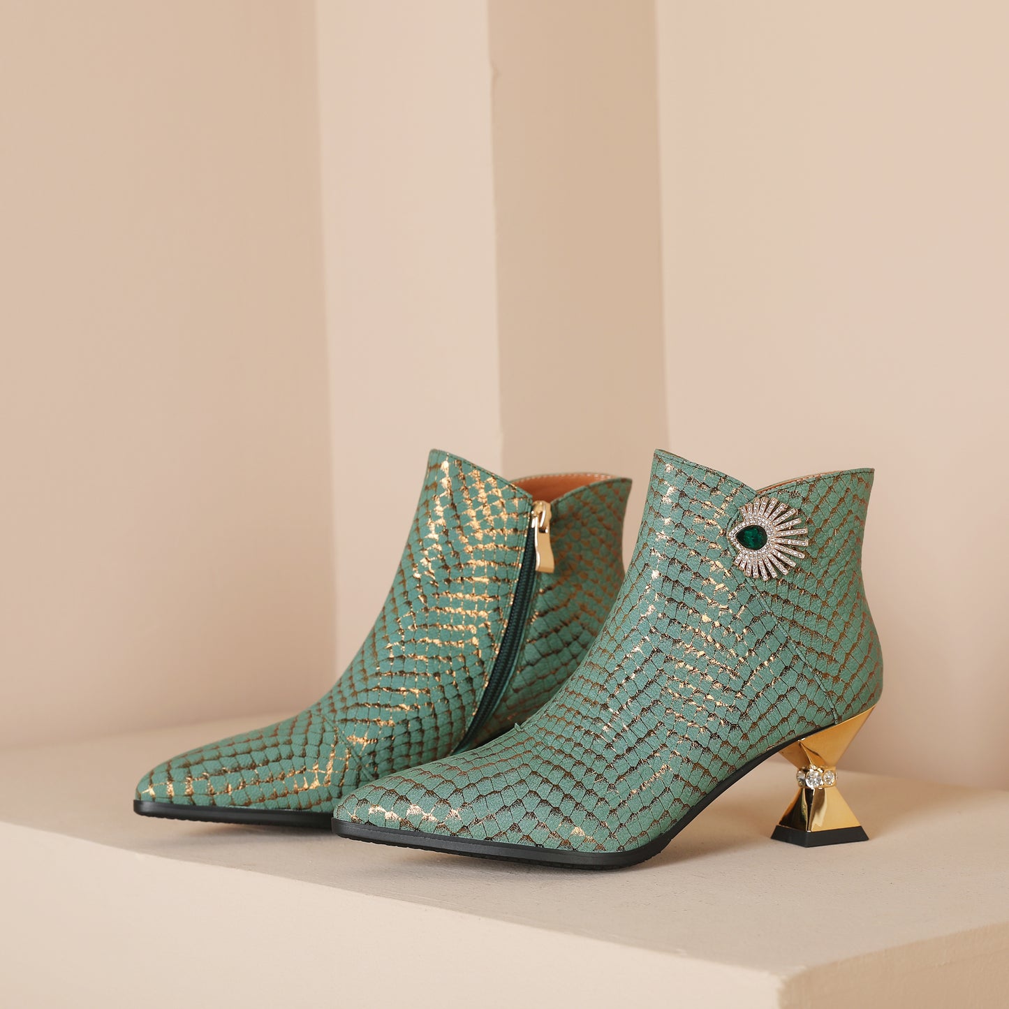 TinaCus Handmade Women's Genuine Leather Sexy Rhinestones Printed Side Zipper Pointed Toe Mid Spool Heel Ankle Boots