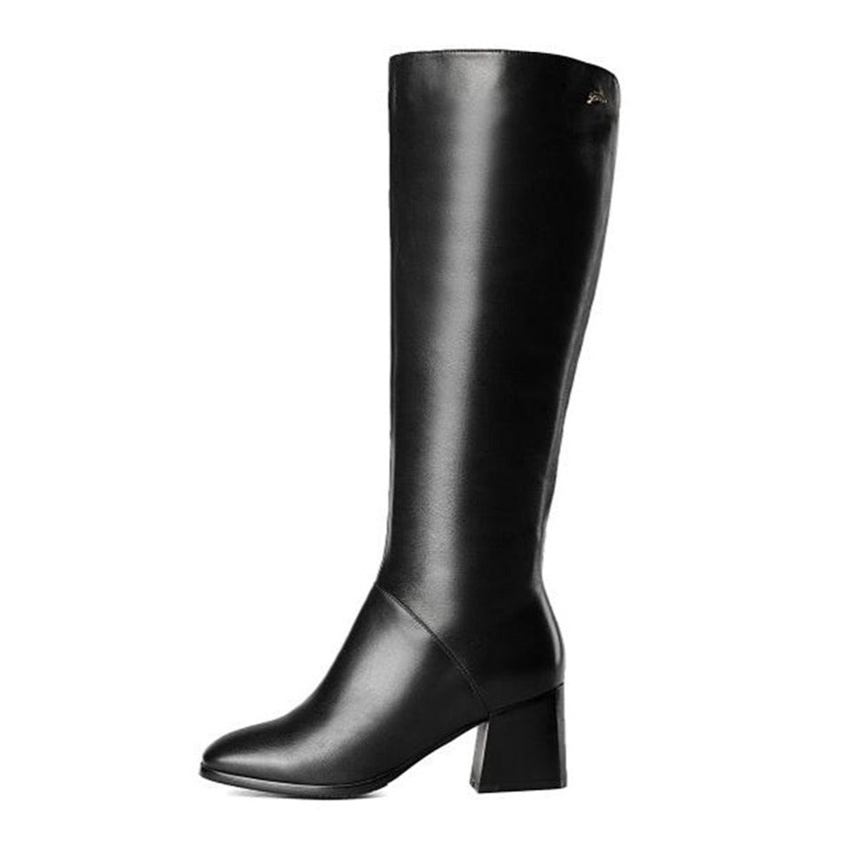TinaCus Genuine Leather Women's Square Toe Mid Chunky Heel Handmade Side Zip Up Knee High Boots