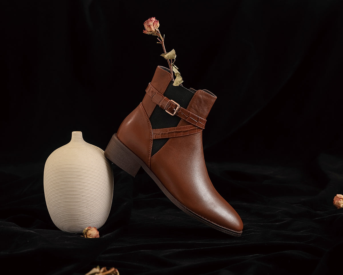 TinaCus Damen-Stiefeletten aus echtem Leder, runde Zehenpartie, handgefertigt, mit Reißverschluss, niedrigem, klobigem Absatz, Retro-Stiefeletten mit Schnalle