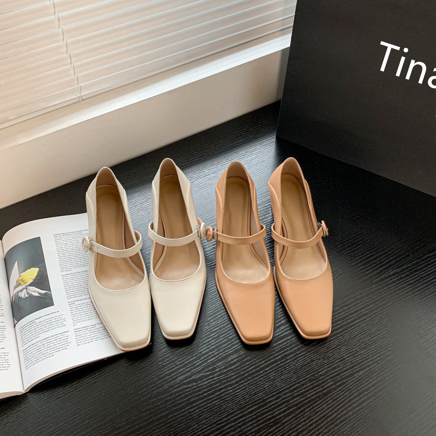 TinaCus Women's Genuine Leather Handmade Classic Square Toe Mid Heel Buckle Closure Mary Jane Pumps