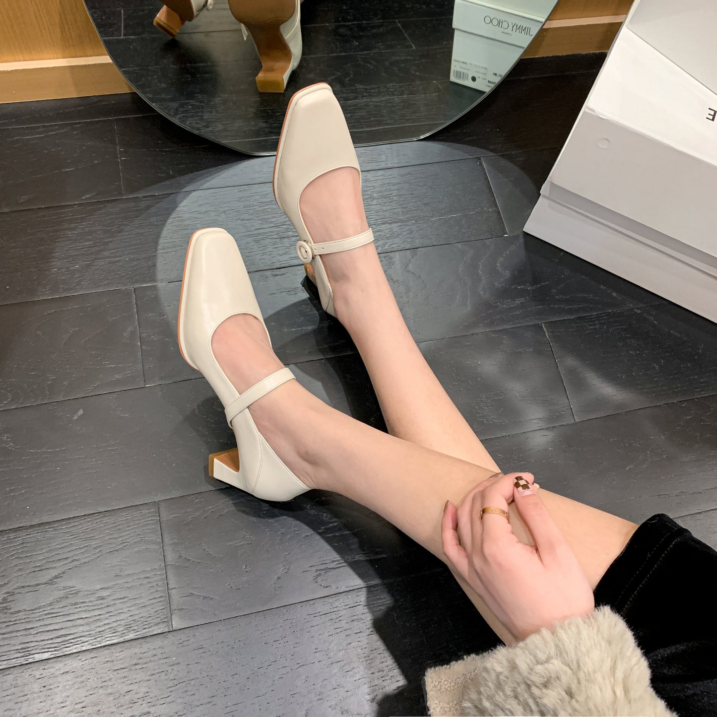 TinaCus Women's Genuine Leather Handmade Classic Square Toe Mid Heel Buckle Closure Mary Jane Pumps